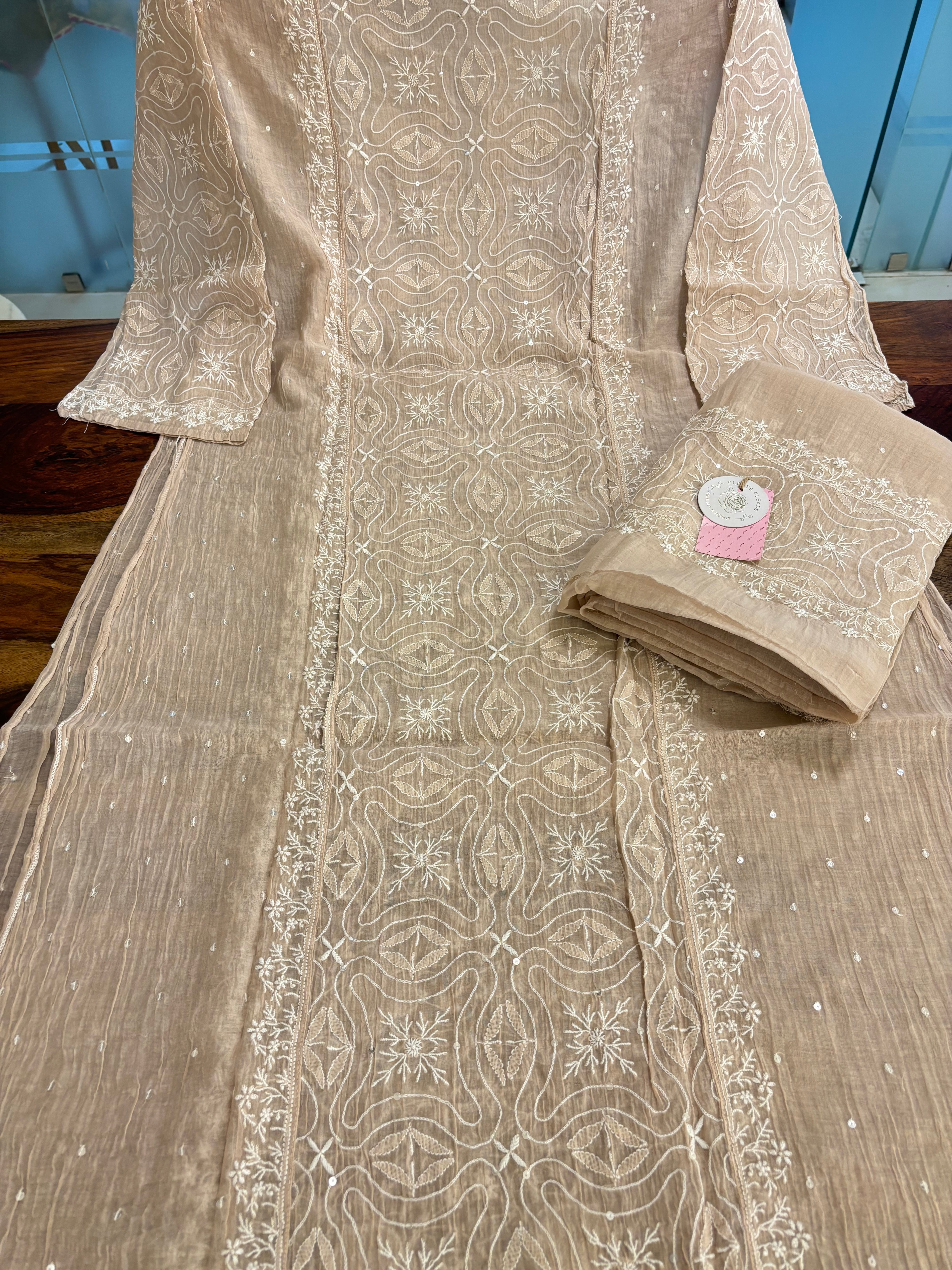Pastel Peach Chanderi Mul Chikankari Kurta & Dupatta
