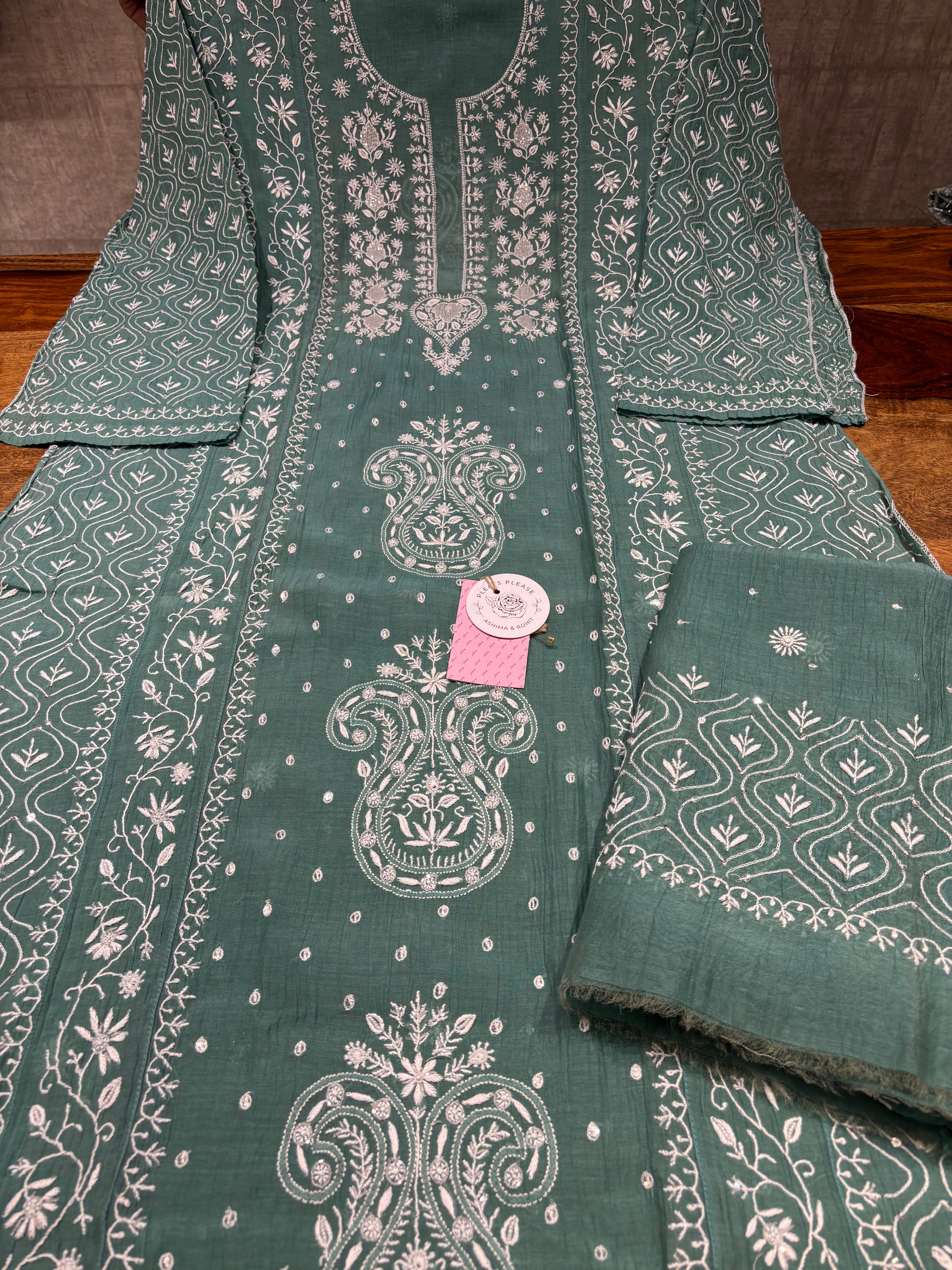 Clover Green Chanderi Mul Chikankari Kurta & Dupatta set