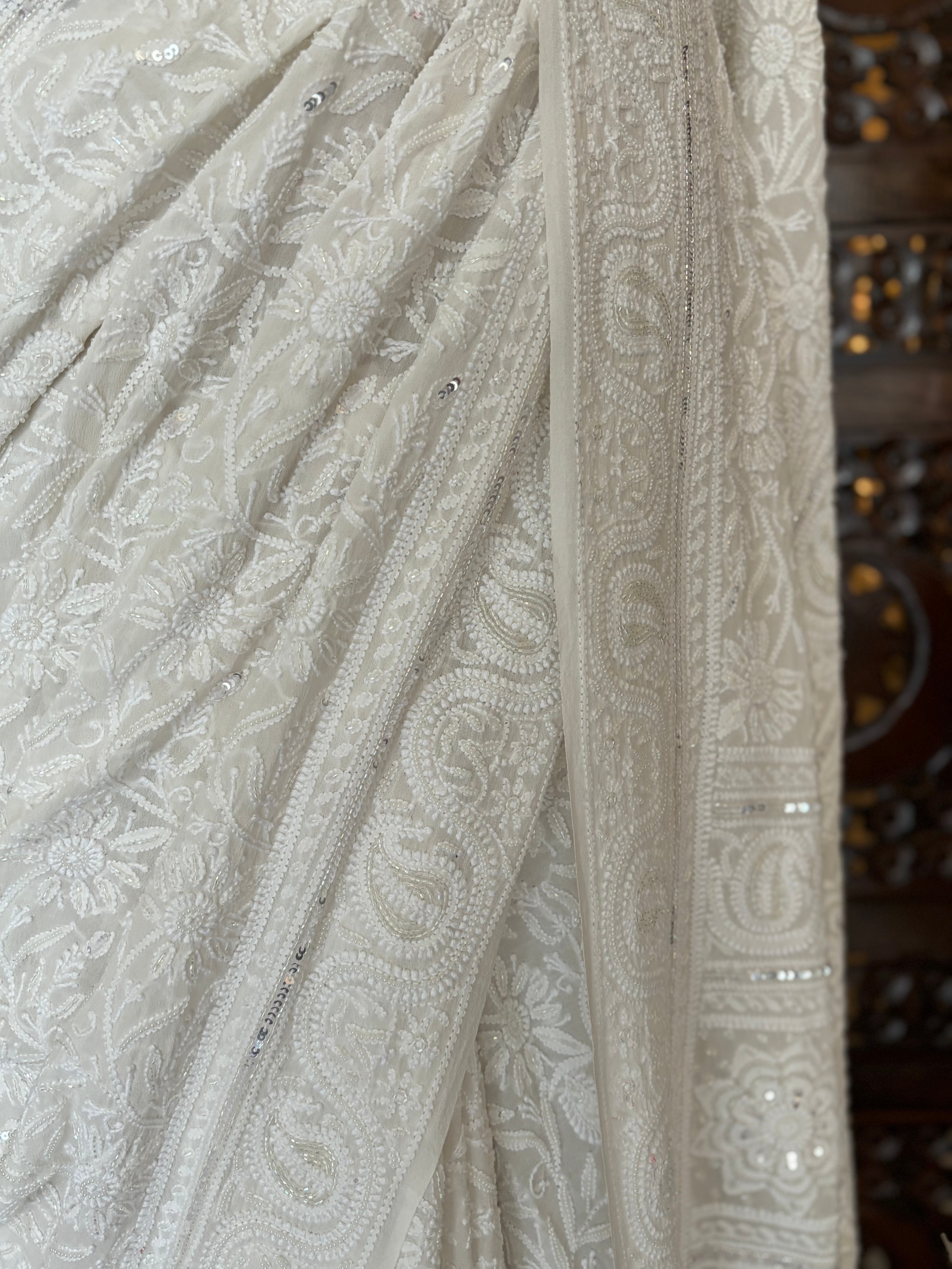 Dyeable  Pure and Premium Georgette Chikankari Saree and Blouse - Pleats PleaseChikankari