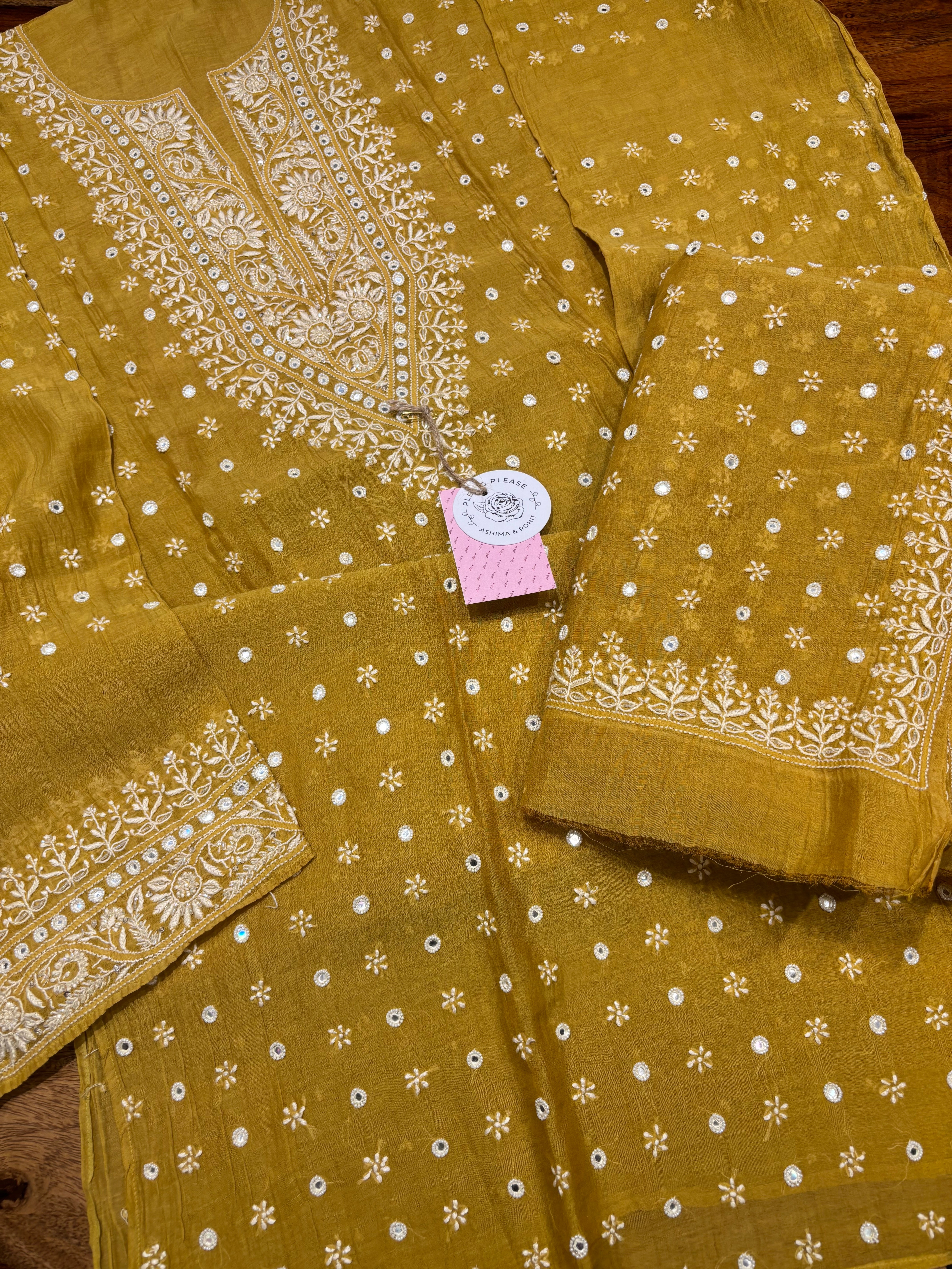 Mustard Chanderi Mul Chikankari Kurta and Dupatta Set
