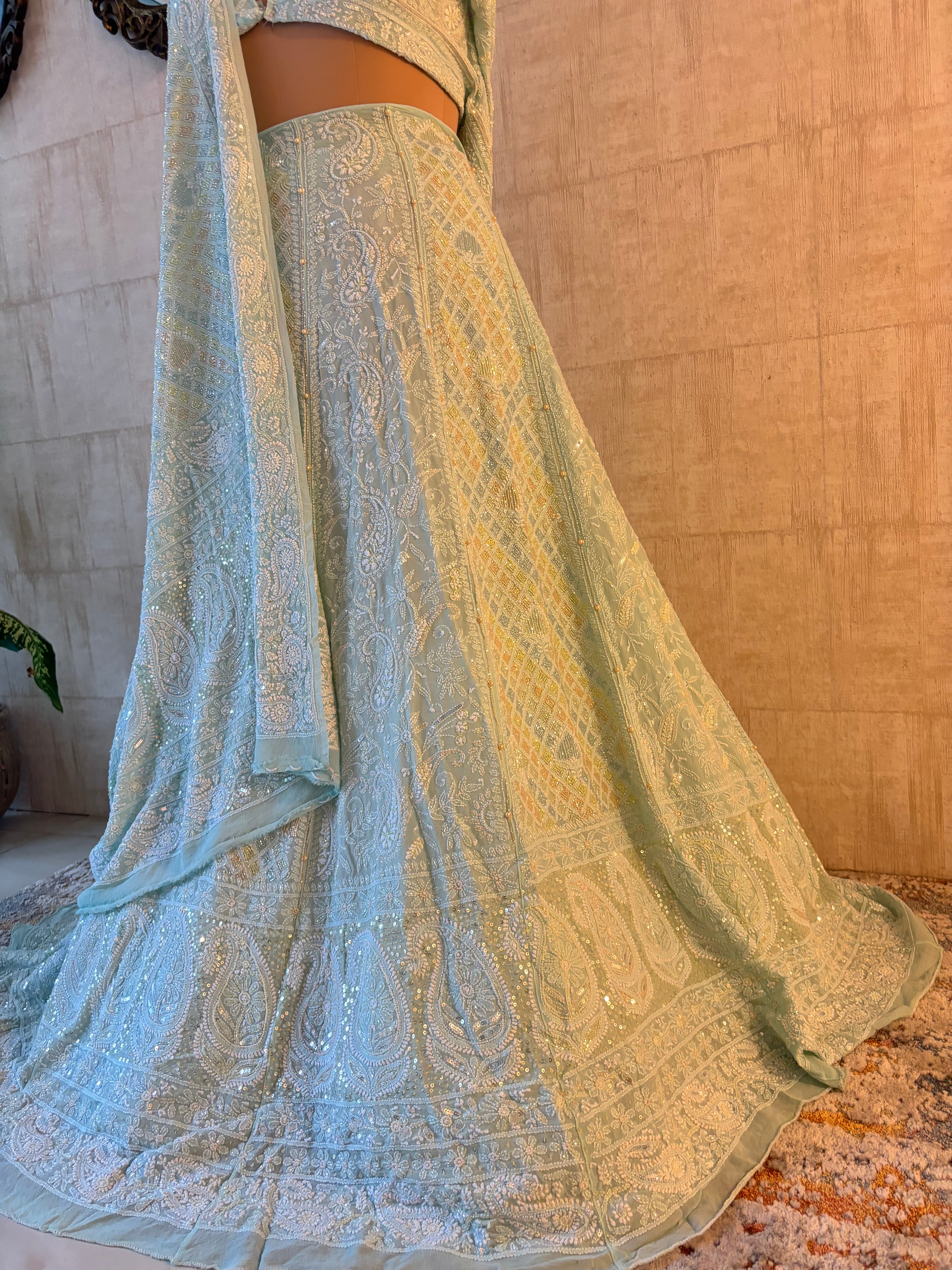 Sea Foam Pure & Premium Georgette Chikankari Lehenga & Dupatta Set
