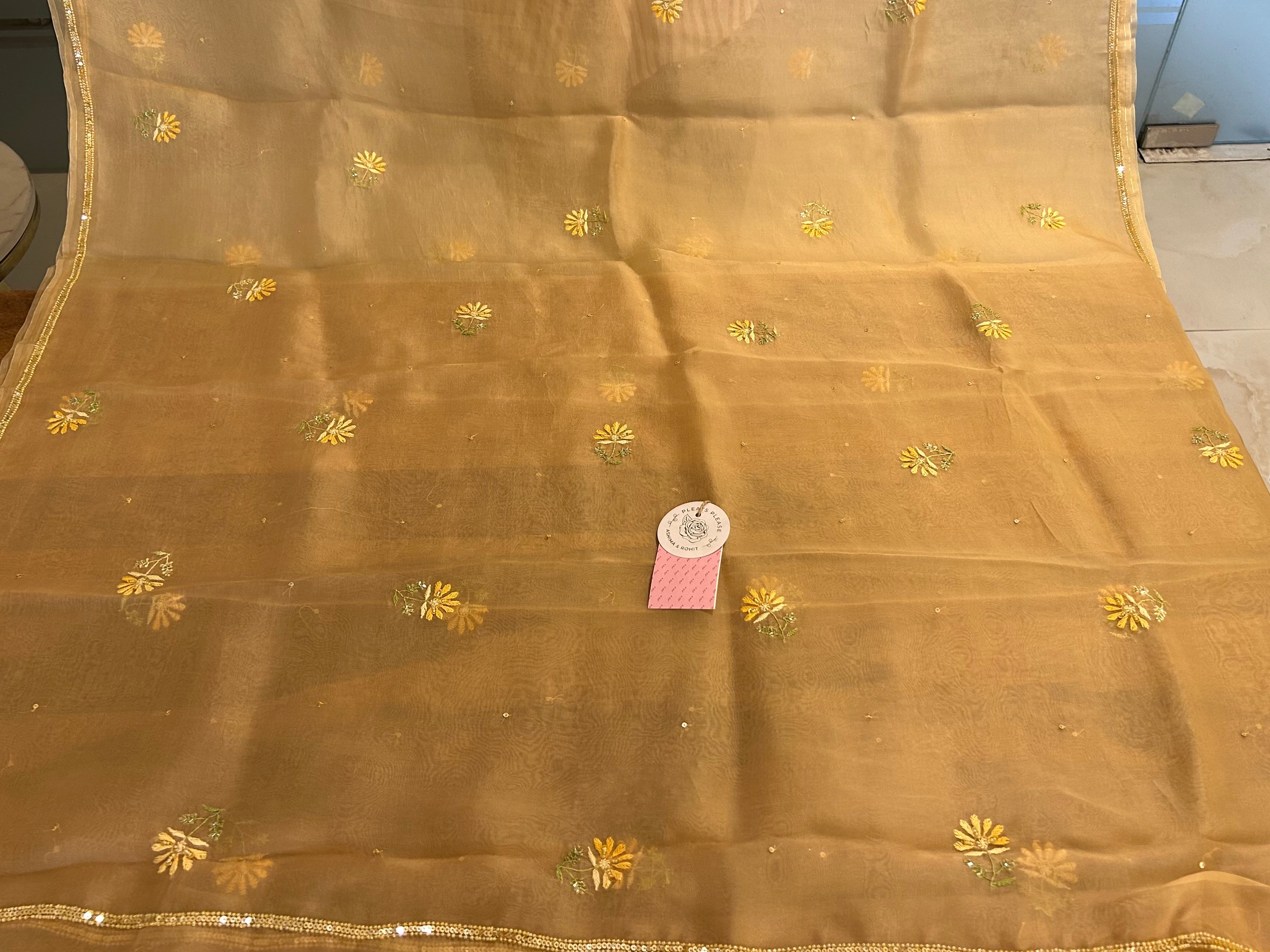 Golden Pure Organza Chikankari Kurta & Dupatta