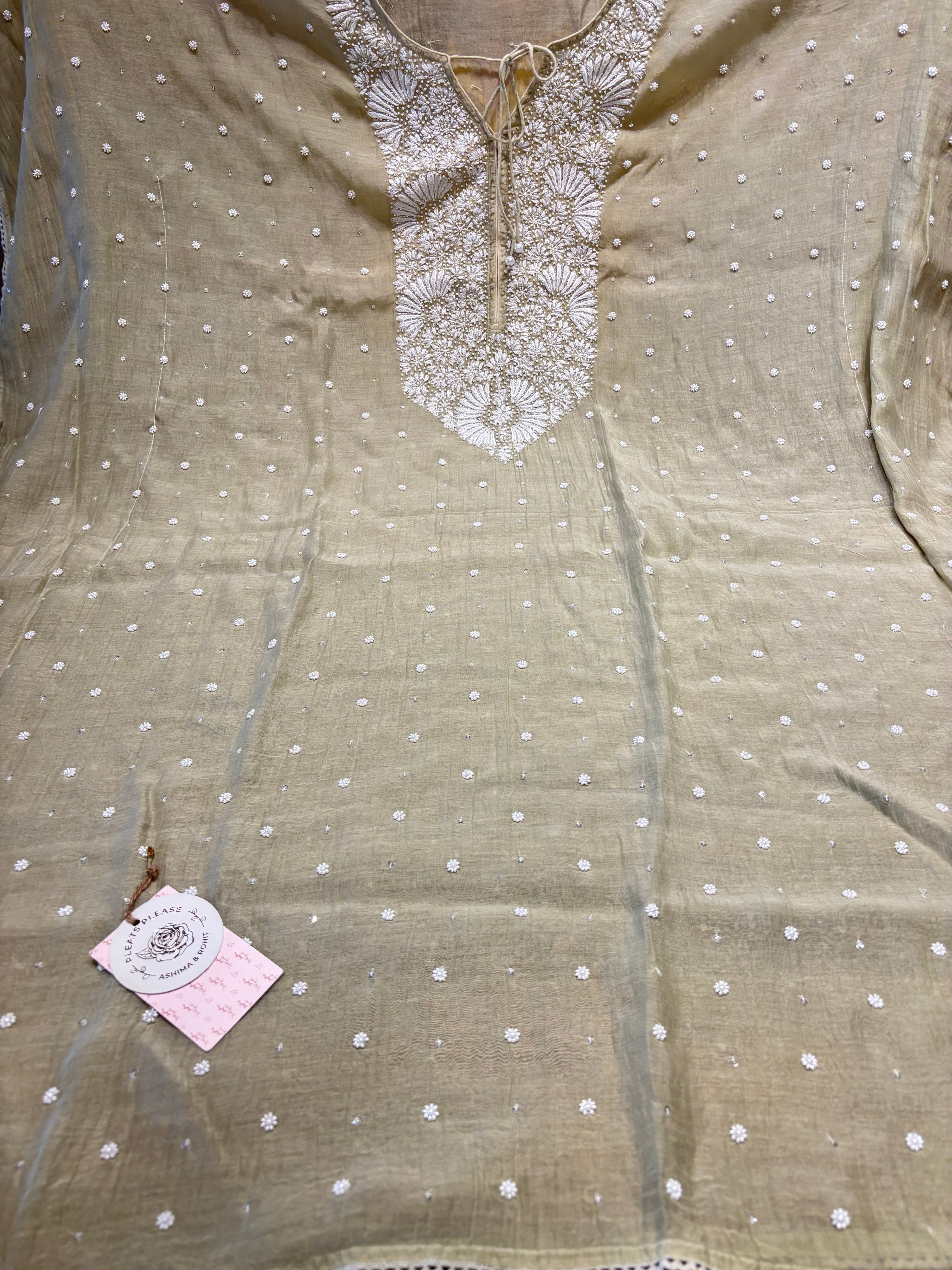 Olive Green Chanderi Mul Chikankari Kaftan