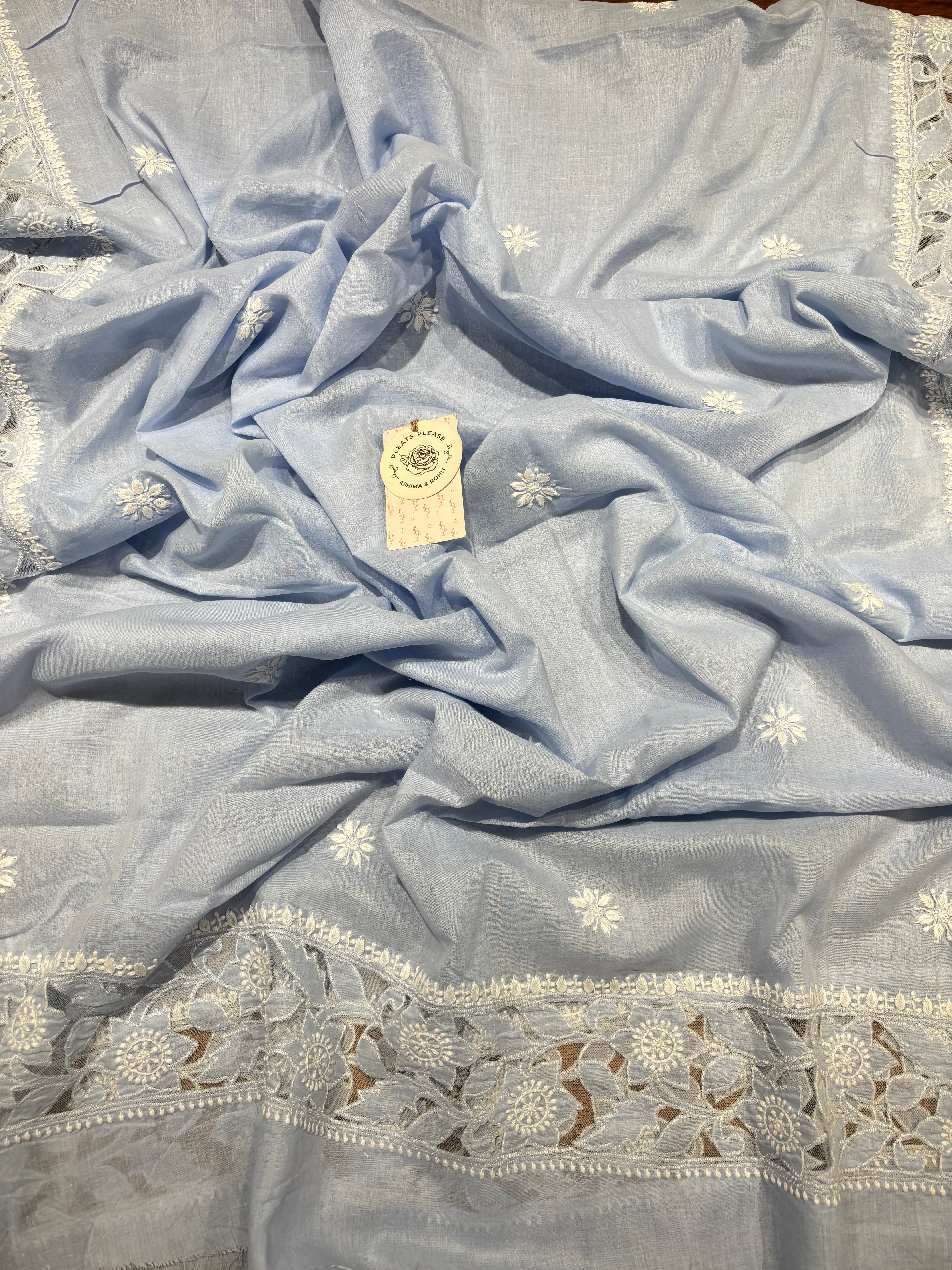 Powder Blue Mulmul Soft Net Chikankari Applique Kurta And Dupatta Fabric