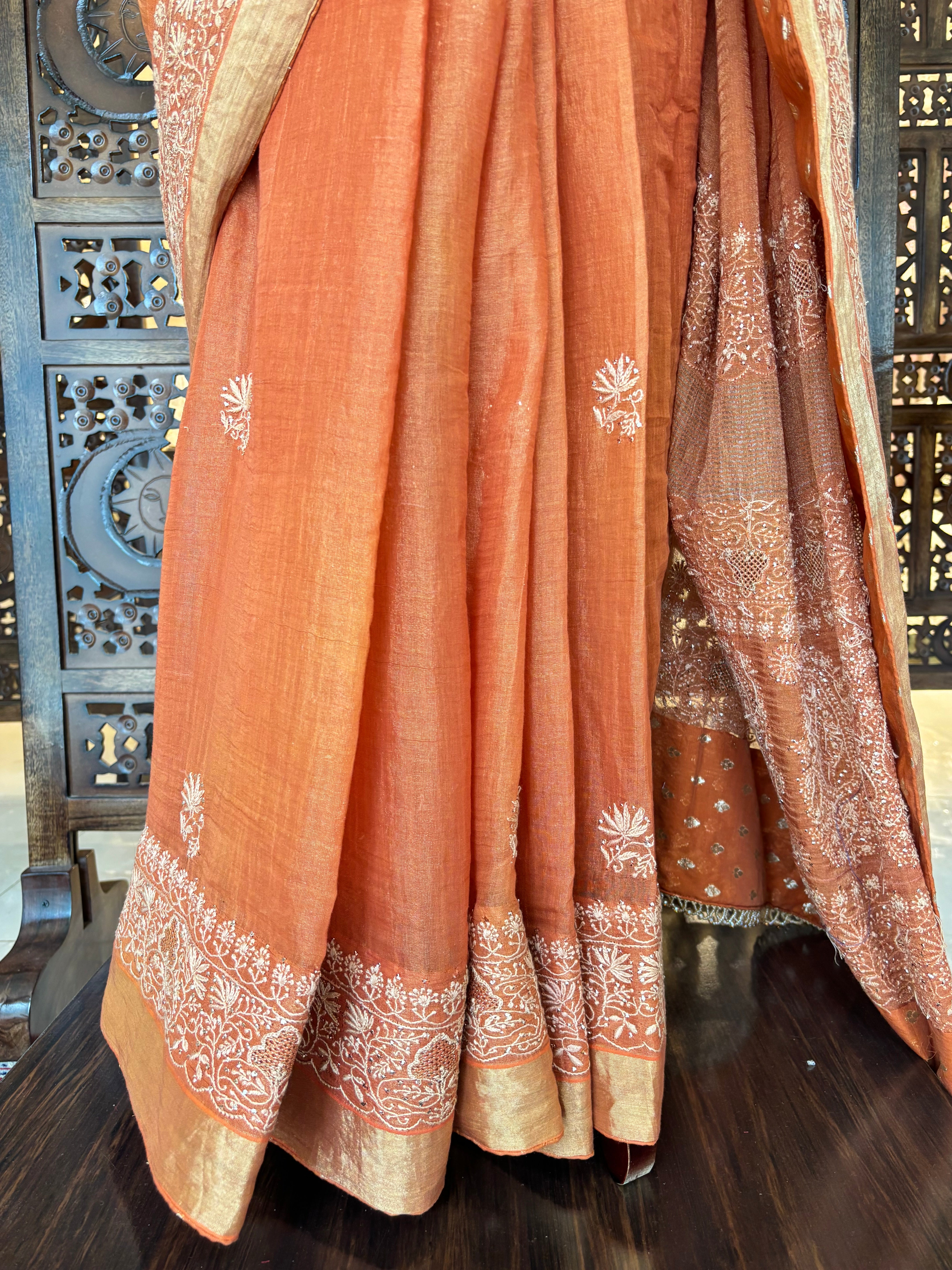 Burnt Orange Tissue Mukaish Chikankari Saree - Elegance Redefined - Pleats PleaseChikankari