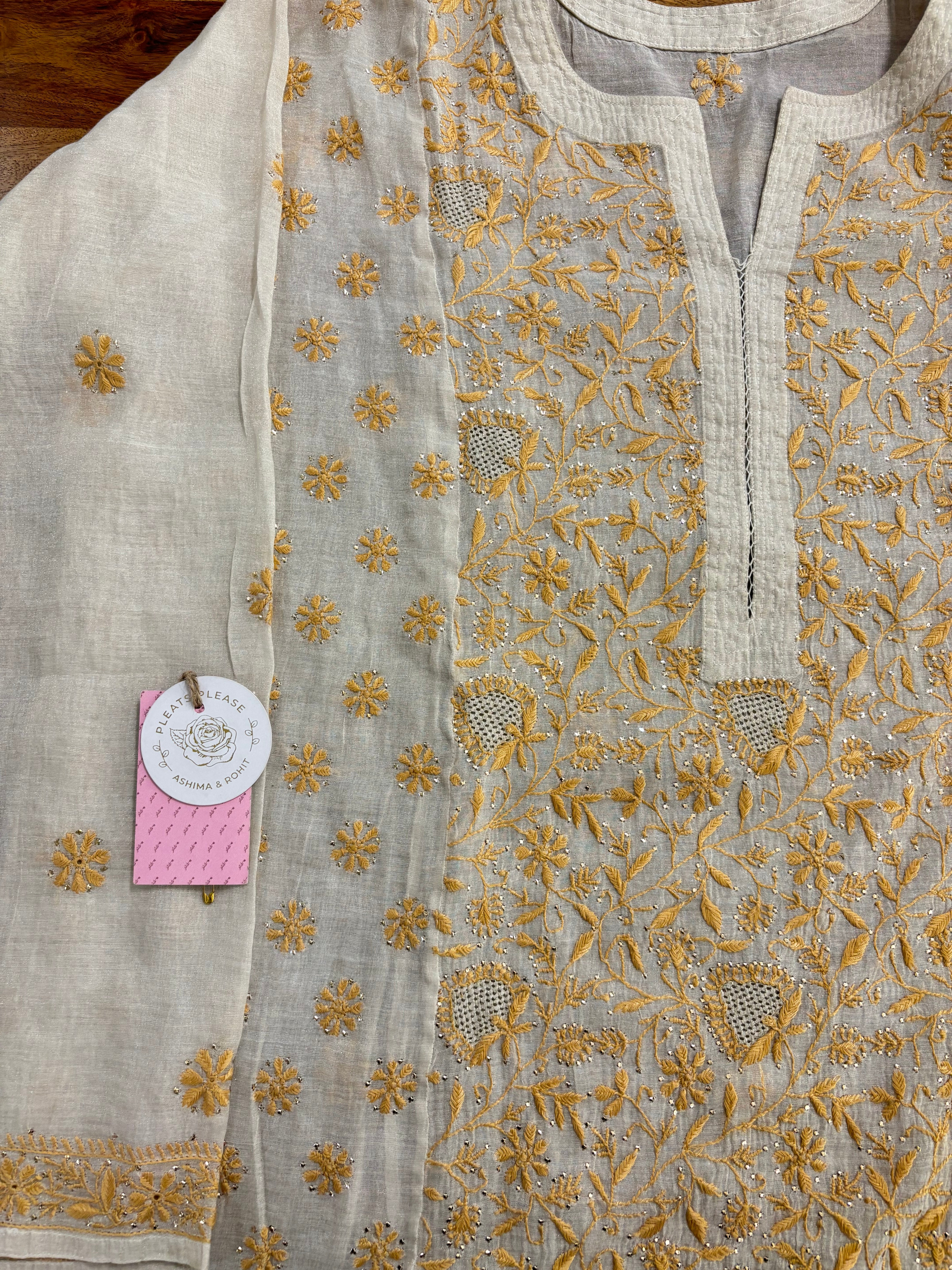 Dyeable Silver Tissue Chikankari Mukaish Kurta & Dupatta