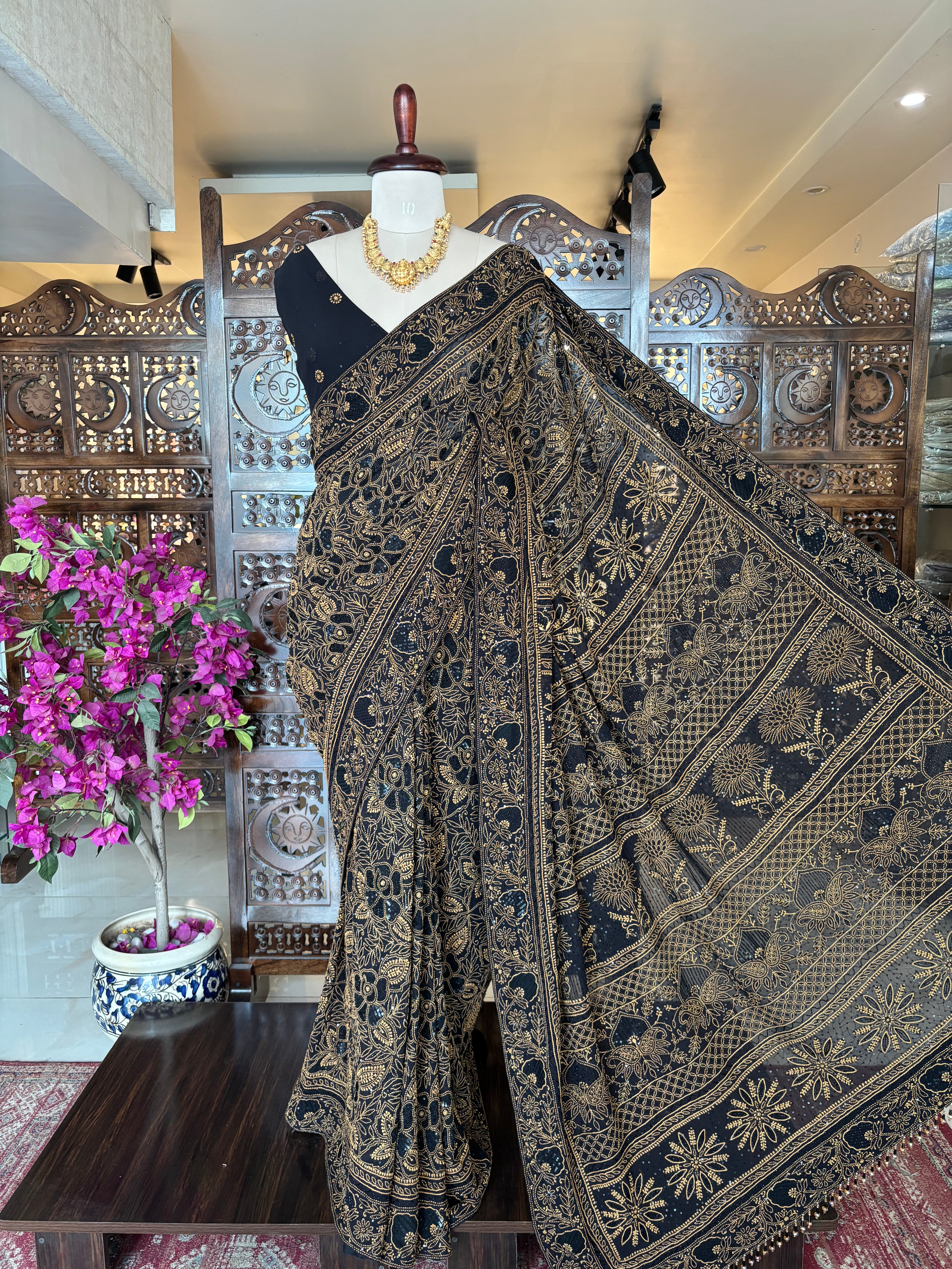 Black Pure & Premium Georgette Chikankari Saree
