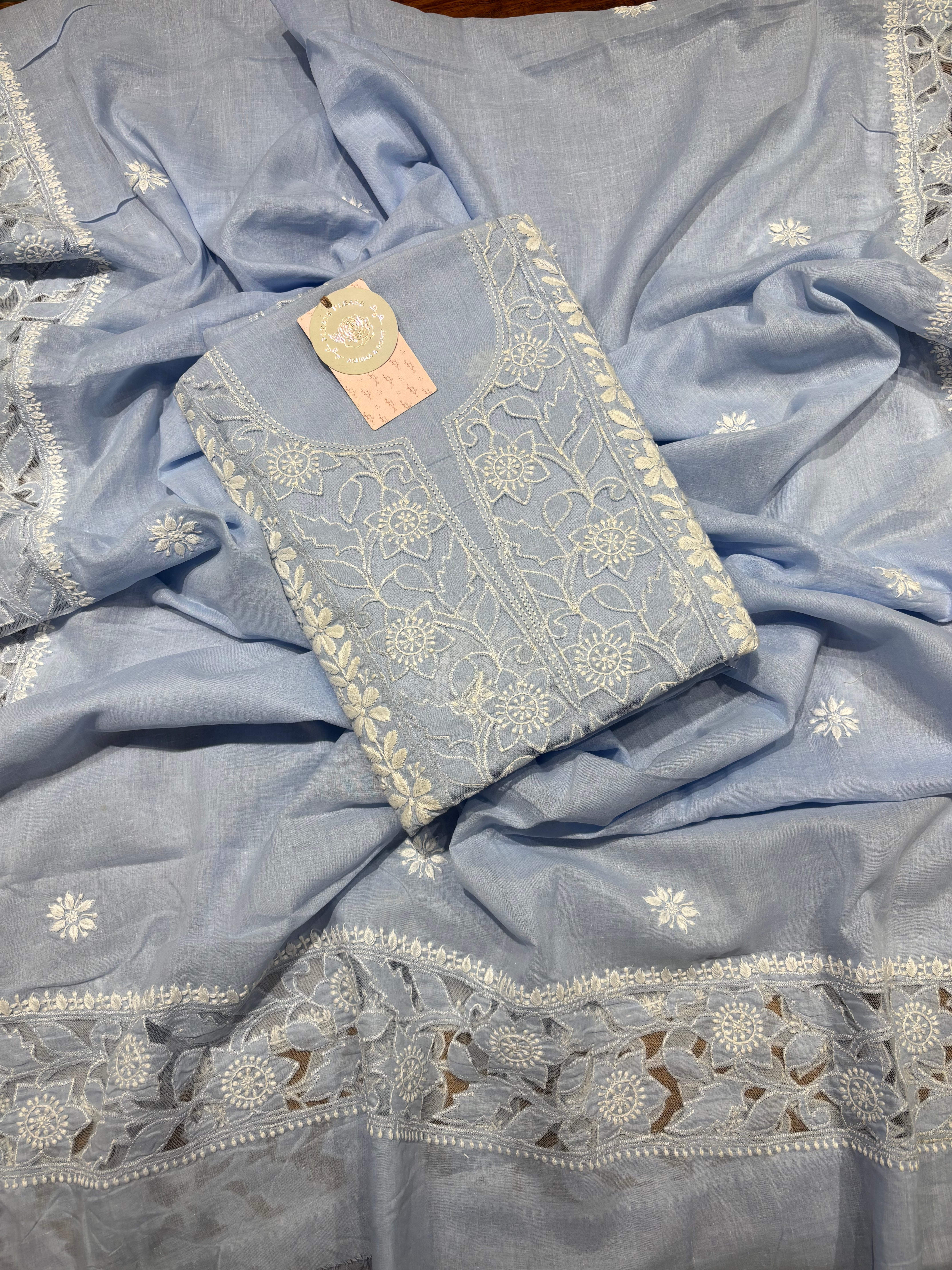 Powder Blue Mulmul Soft Net Chikankari Applique Kurta And Dupatta Fabric