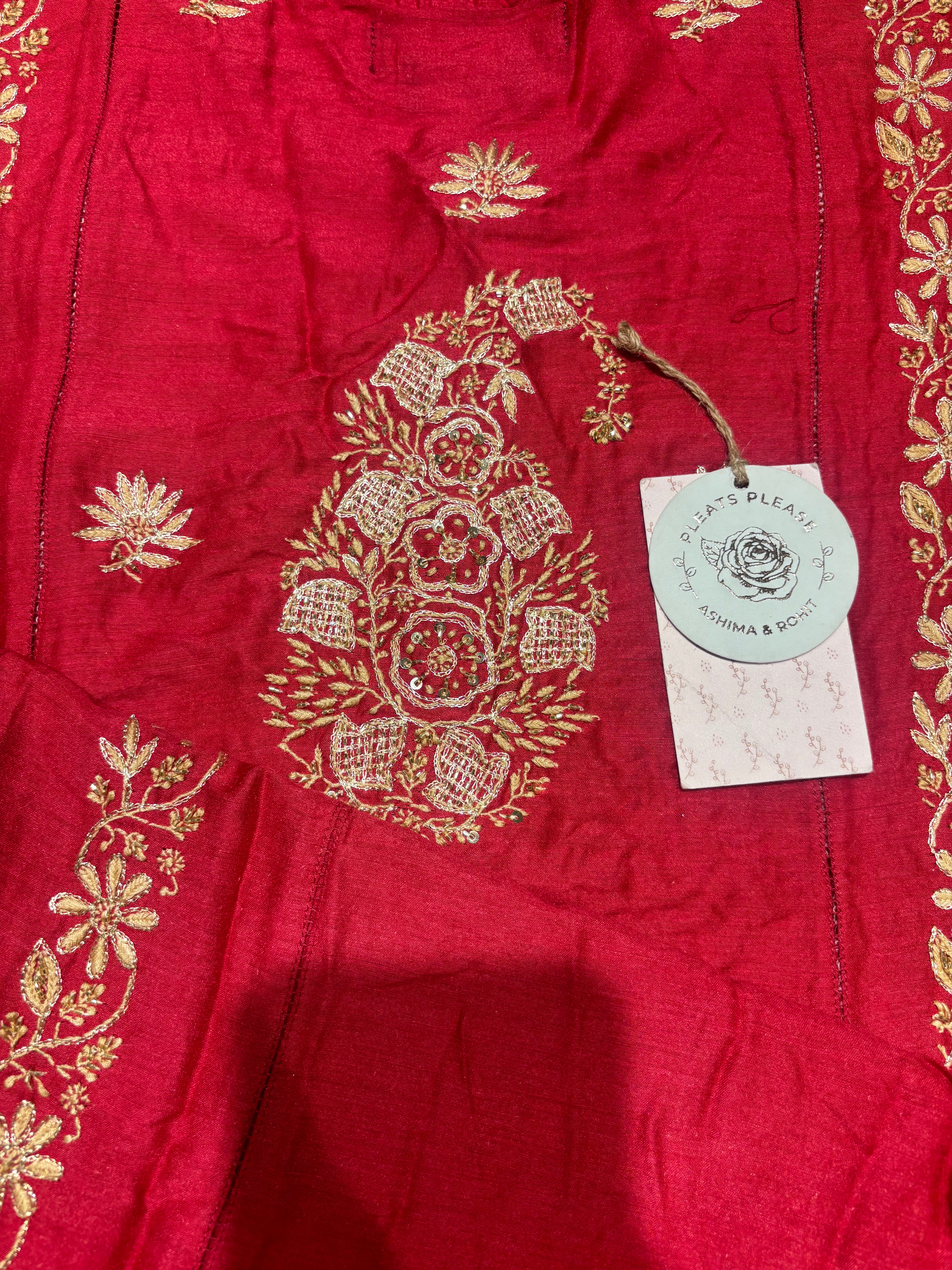 Red Monga Silk Chikankari A-line Anarkali & Dupatta Set