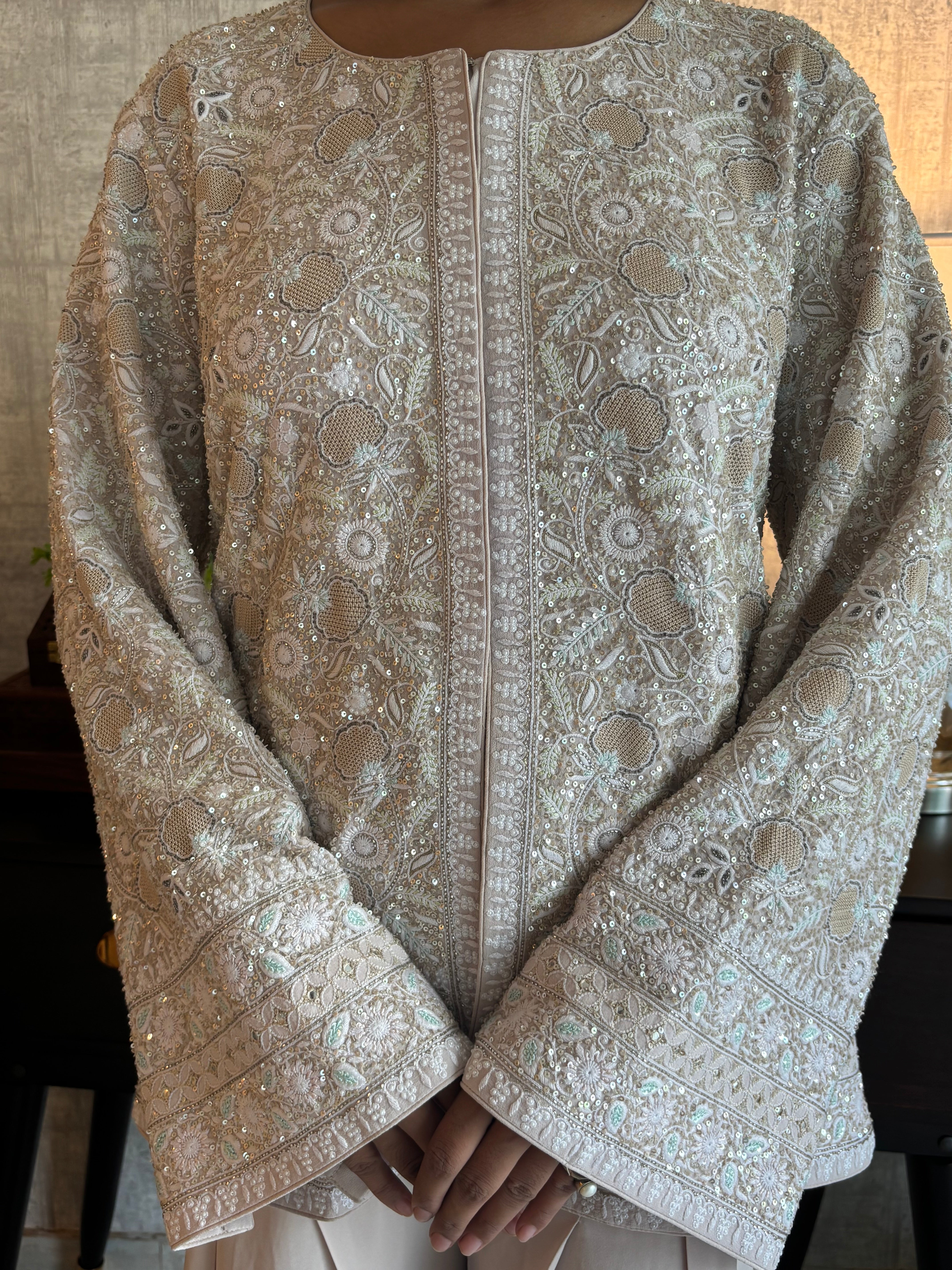 Beige Pure And Premium Georgette Gillet Set