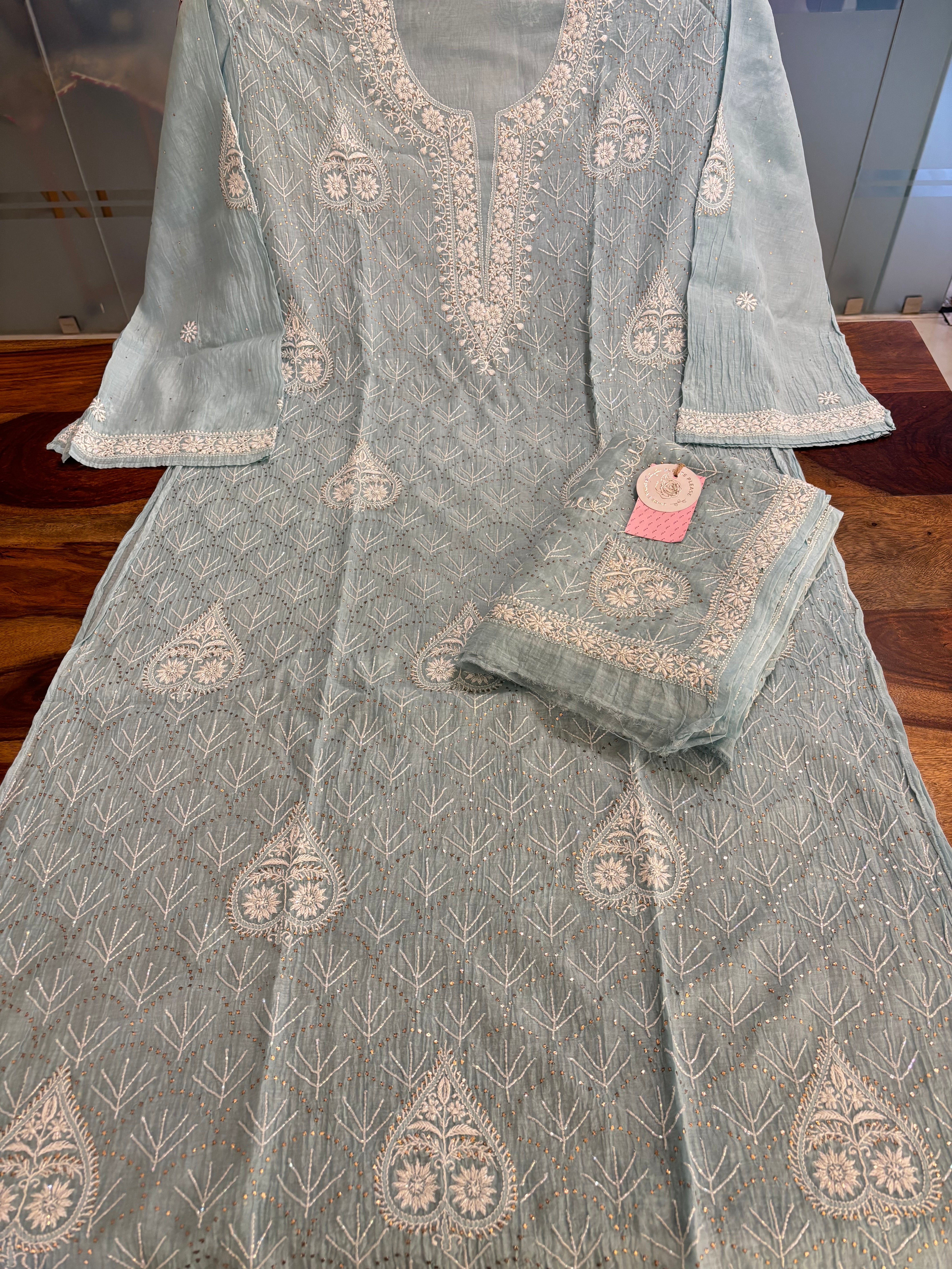 Ice Blue Chanderi Mul Chikankari Mukaish Kurta & Dupatta