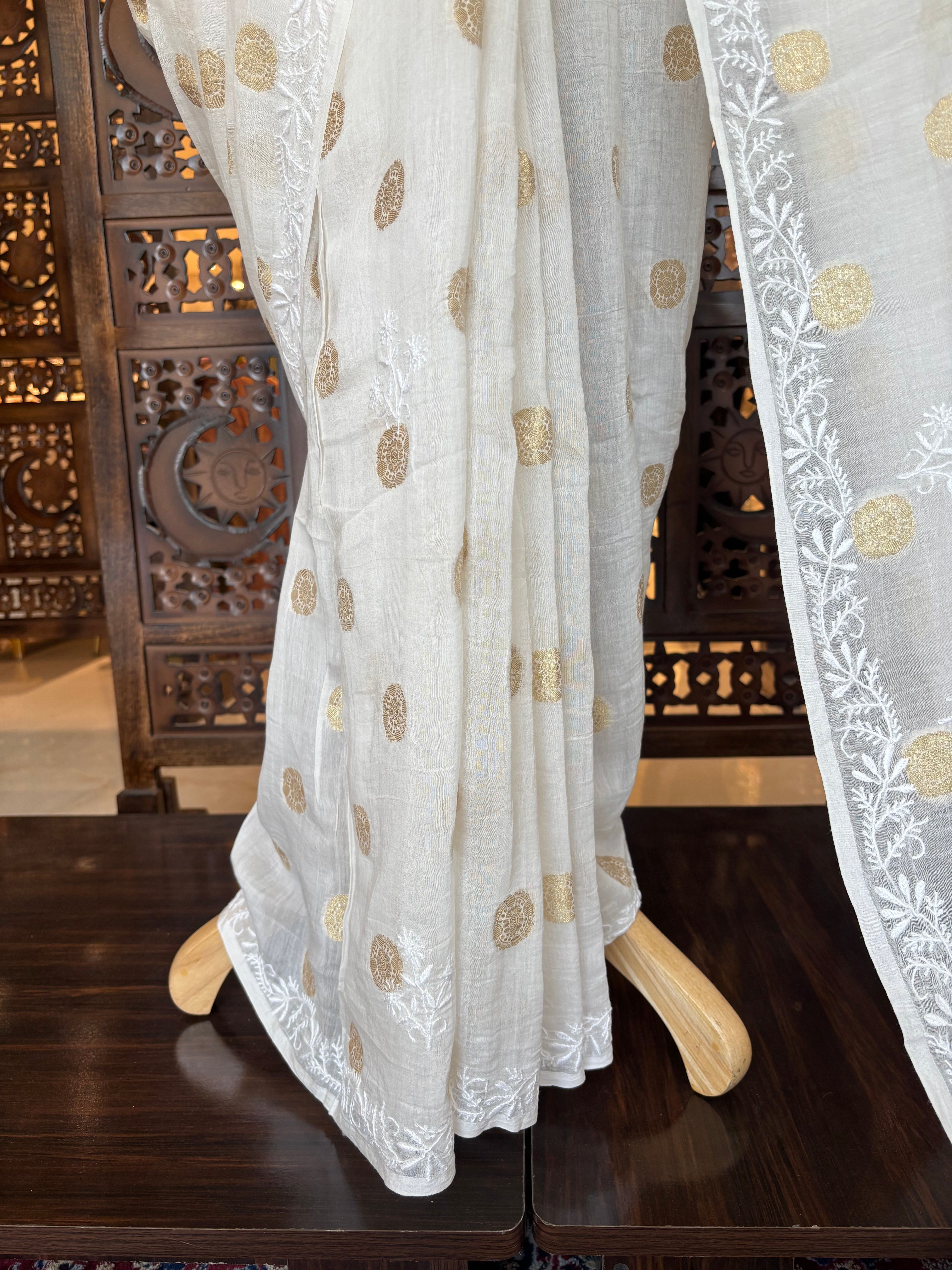 Dyeable Pure Chanderi Mul With Banarasi Boota Chikankari Saree