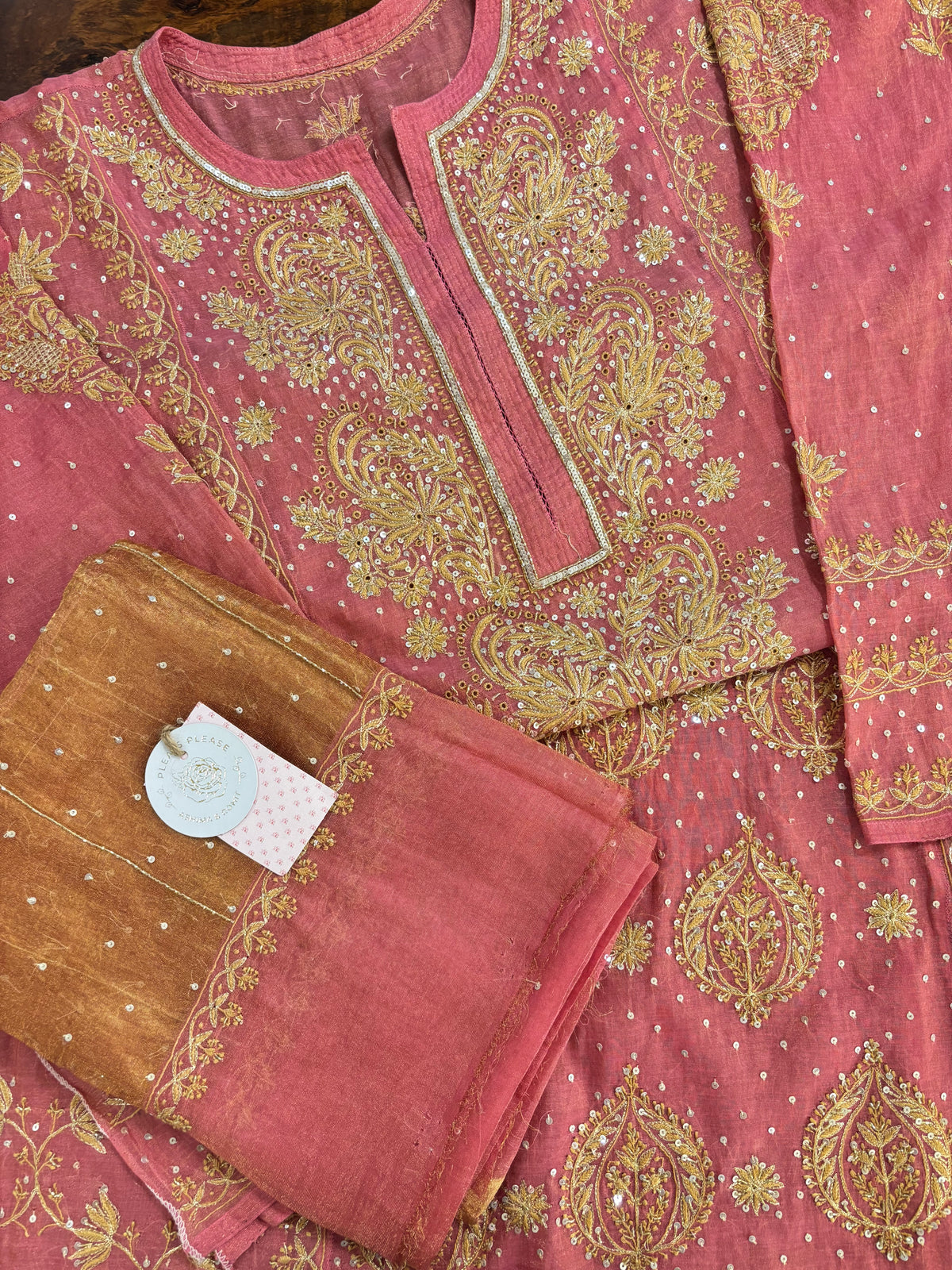 Rose Pink Pure & Premium Tissue Chikankari Kurta & Dupatta