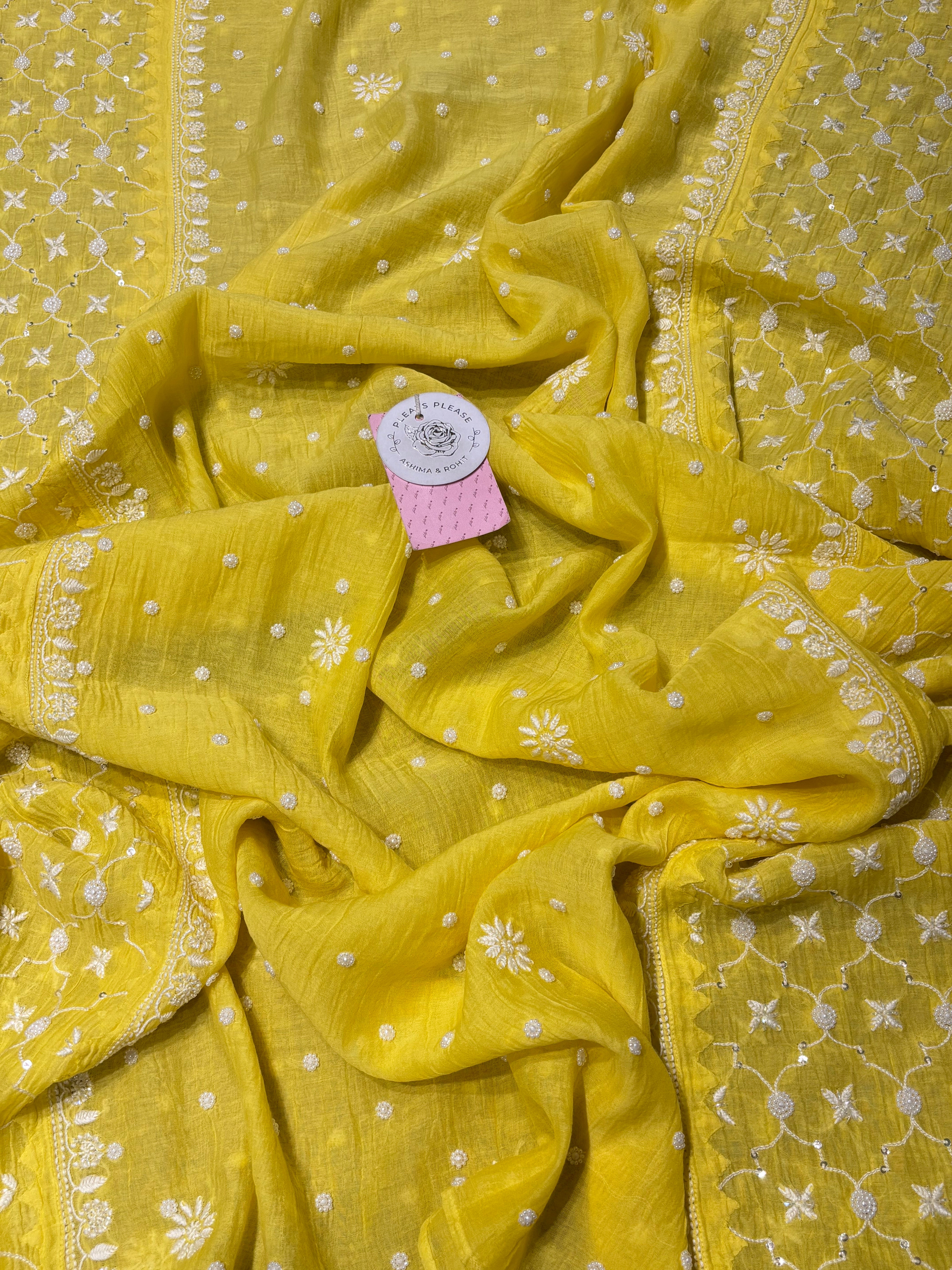 Lemon Yellow Pure Chanderi Chikankari Kurta & Dupatta