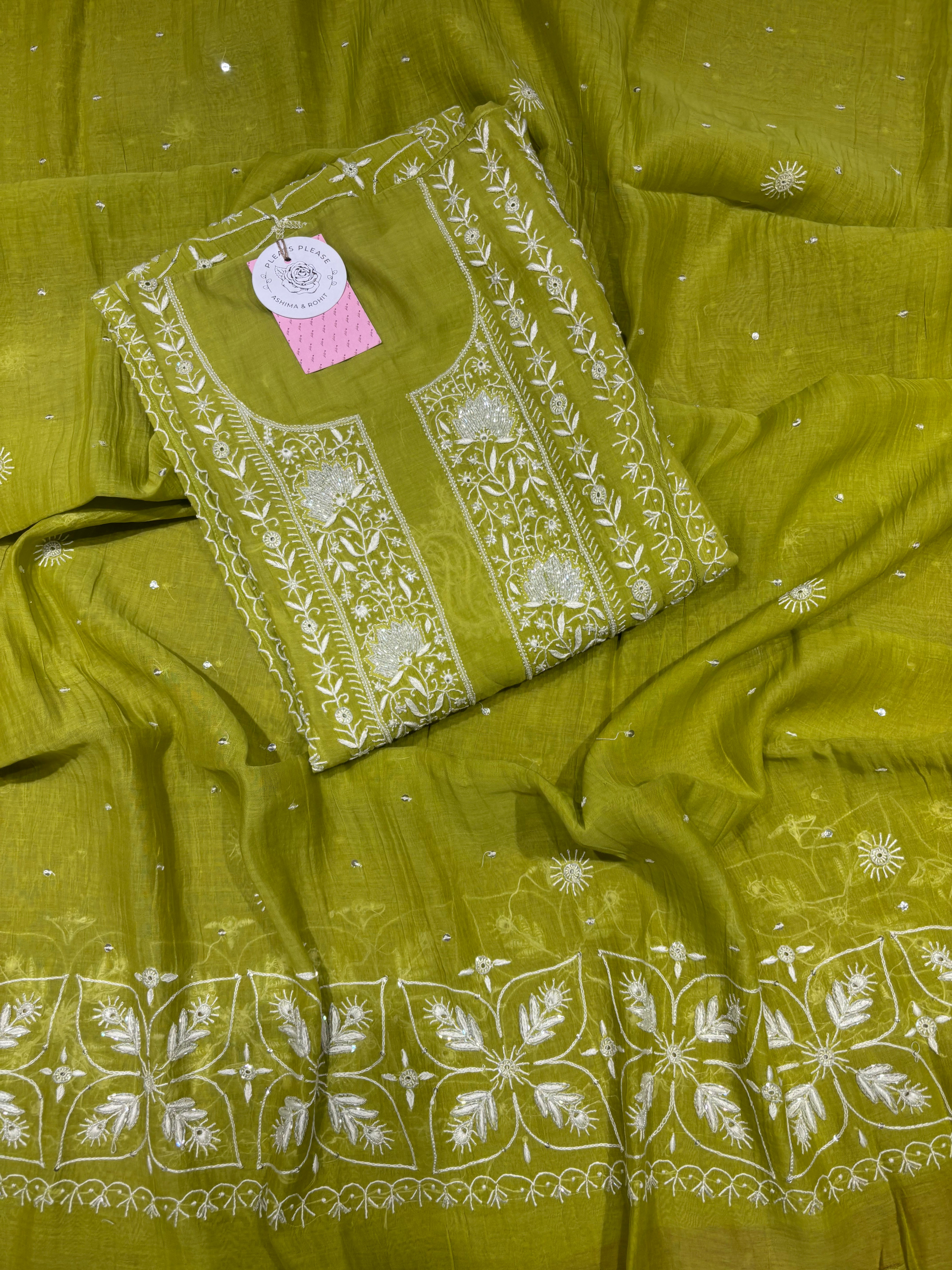 Green Chanderi Mul Chikankari Kurta & Dupatta Set