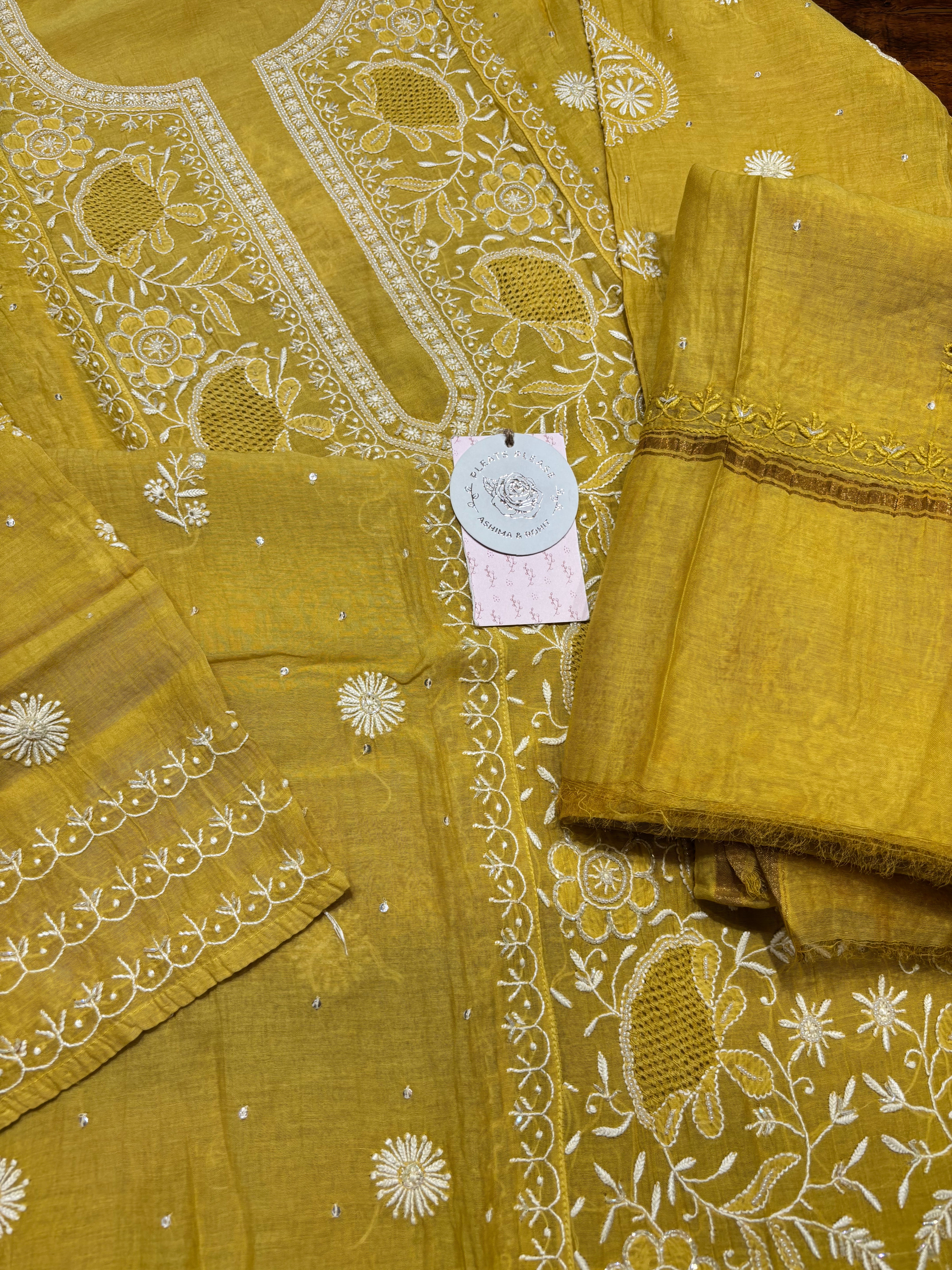 Mustard Chanderi Mul Chikankari Kurta and Dupatta Set