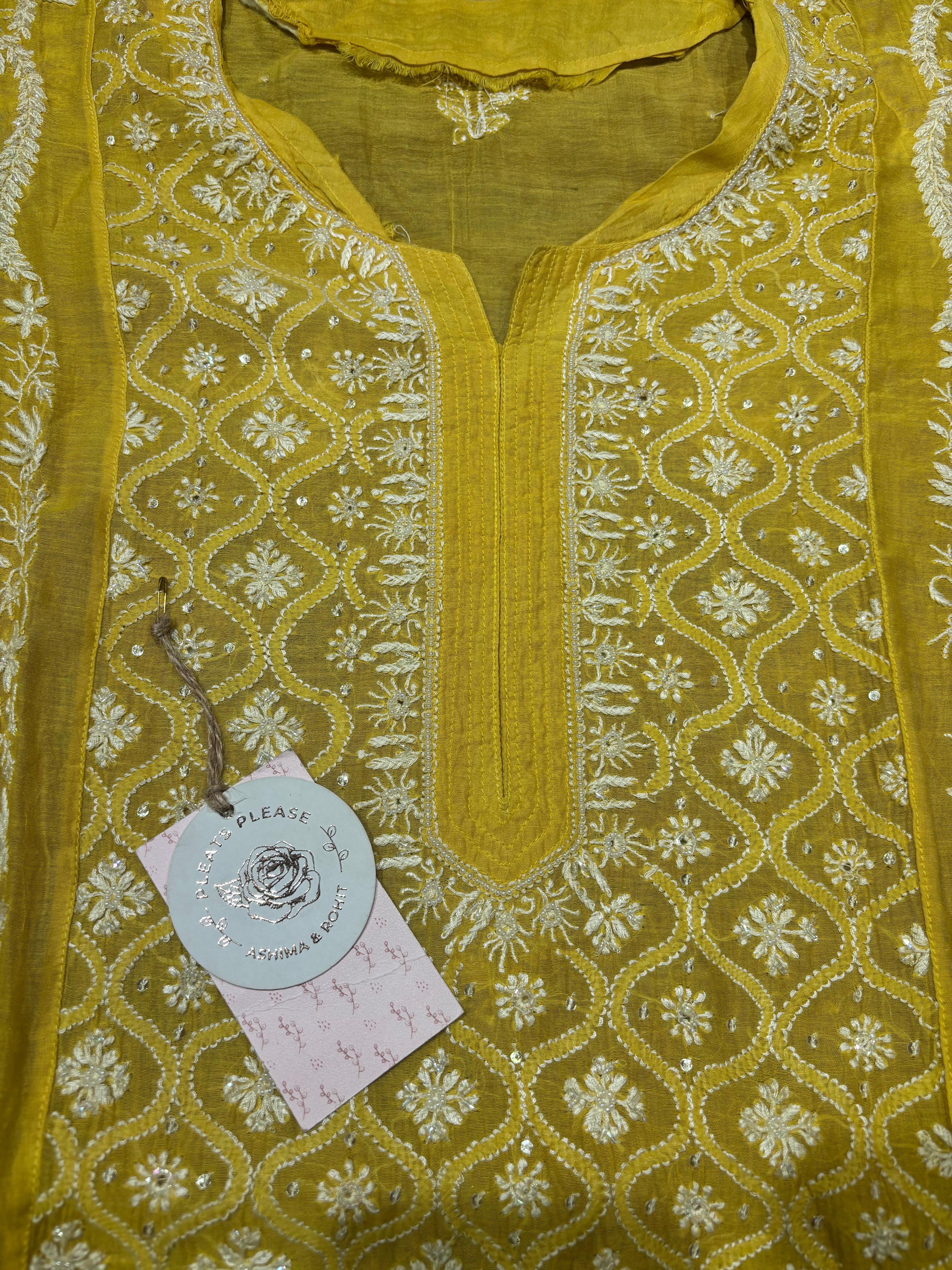 Yellow Chanderi Mul Chikankari kalidar Kurta and Dupatta set