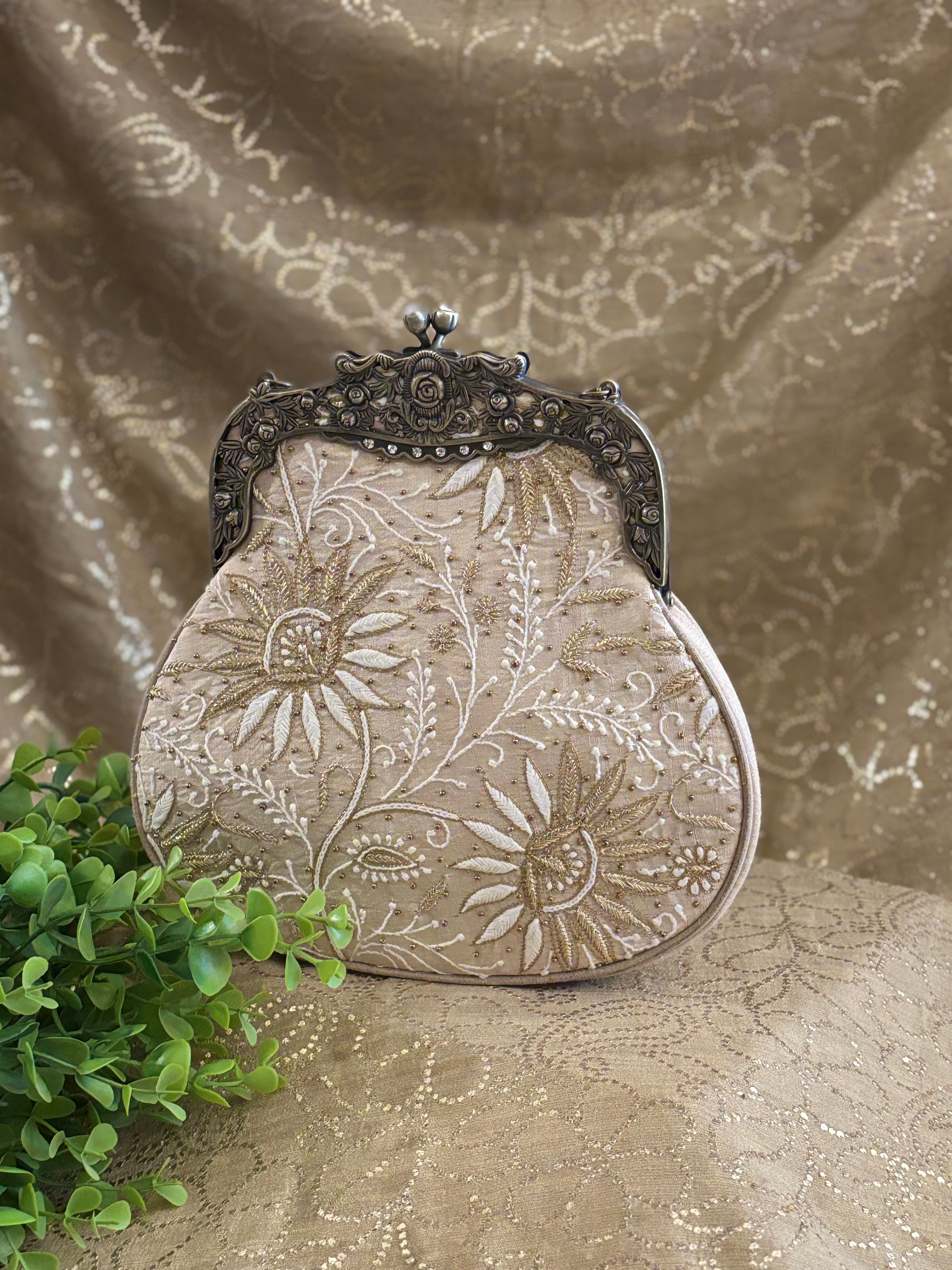 Beige Chikankari Clutch Bag