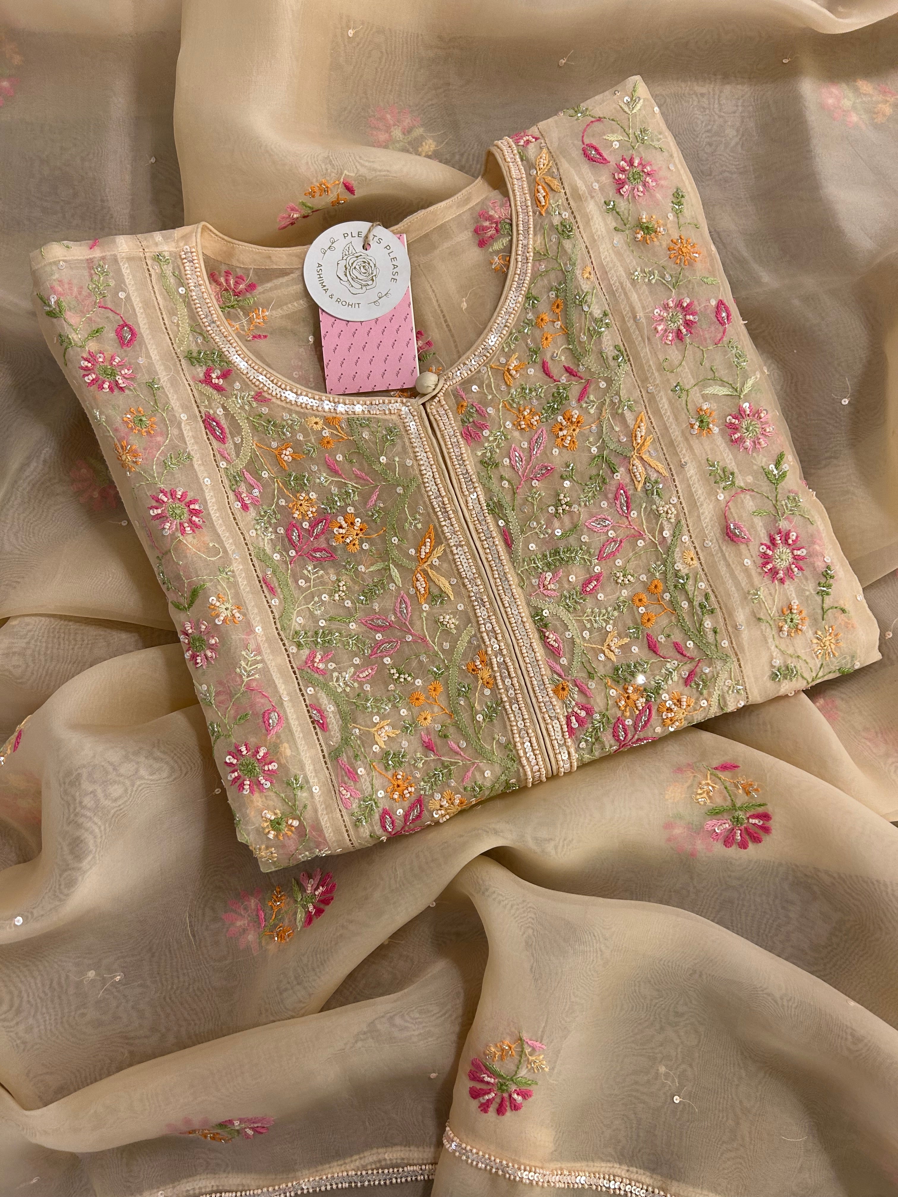 Blush Cream Pure Organza Chikankari Kurta & Dupatta