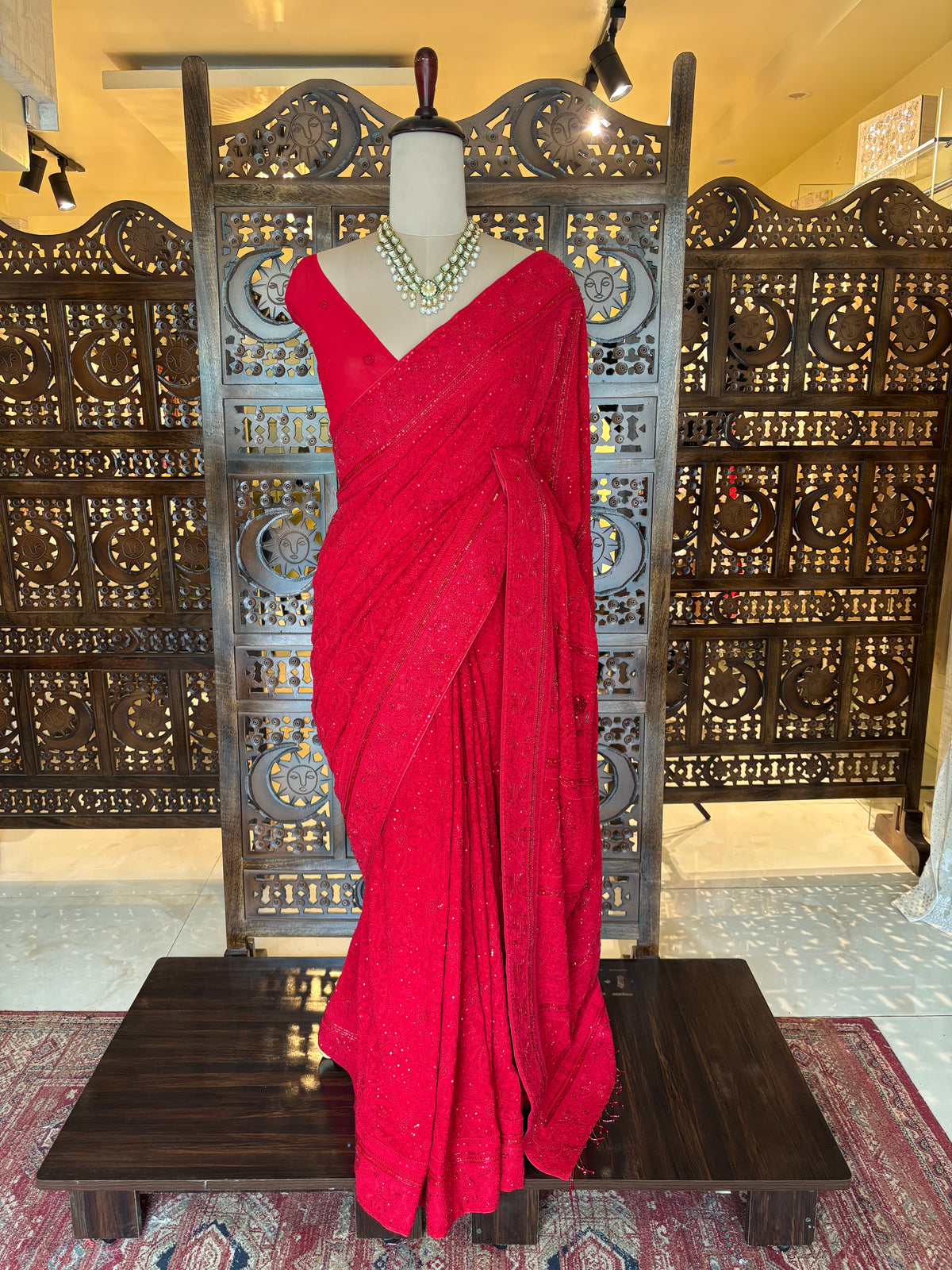 Crimson Red Pure & Premium Georgette Chikankari Saree - Pleats PleaseChikankari