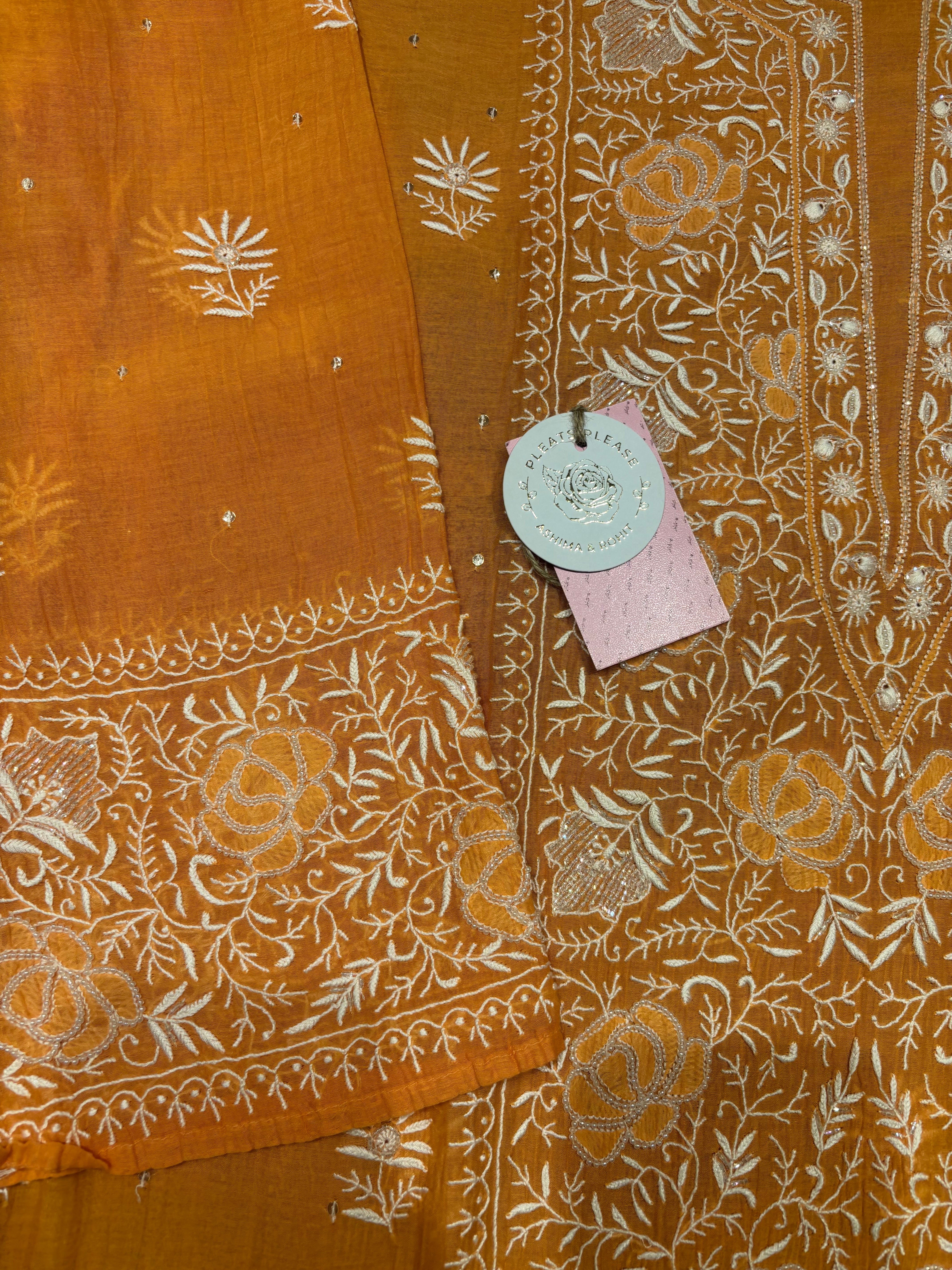 Orange Chanderi Mul Chikankari Kurta and Dupatta Set