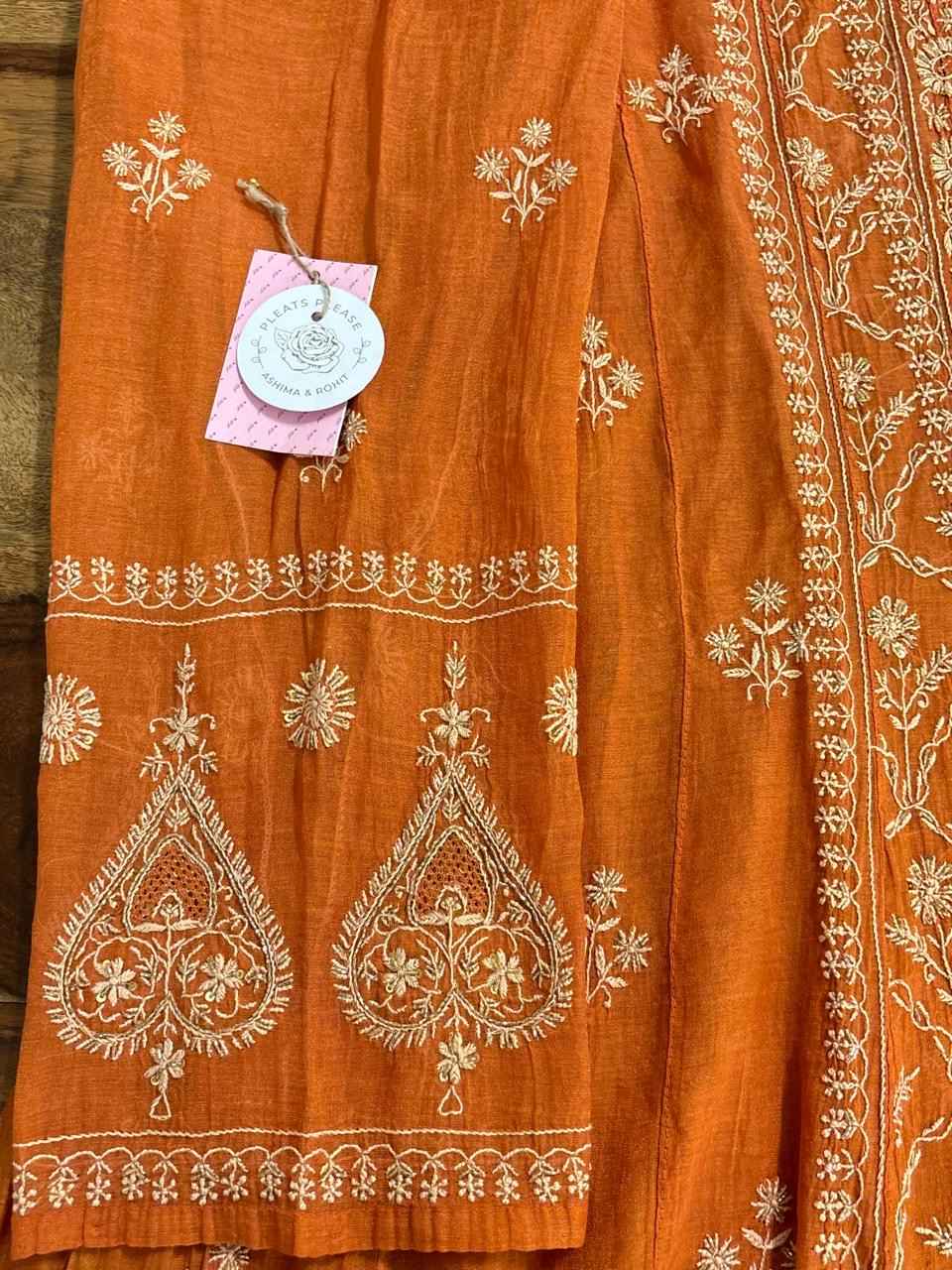 Orange Tissue Chikankari Anarkali kurta Dupatta Set