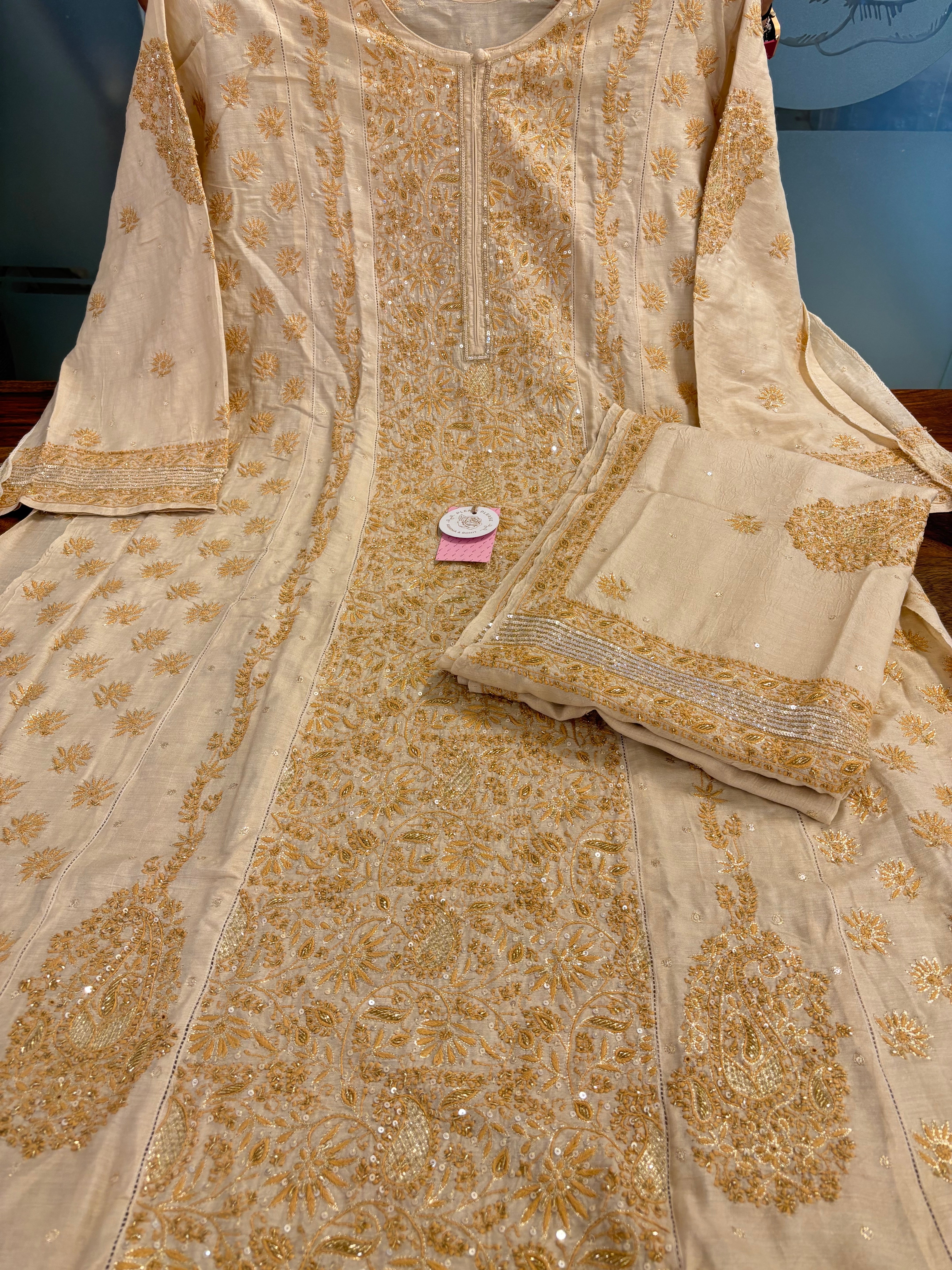 Dyeable Natural Monga Silk Chikankari A-Line Kurta & Dupatta - Pleats PleaseChikankari