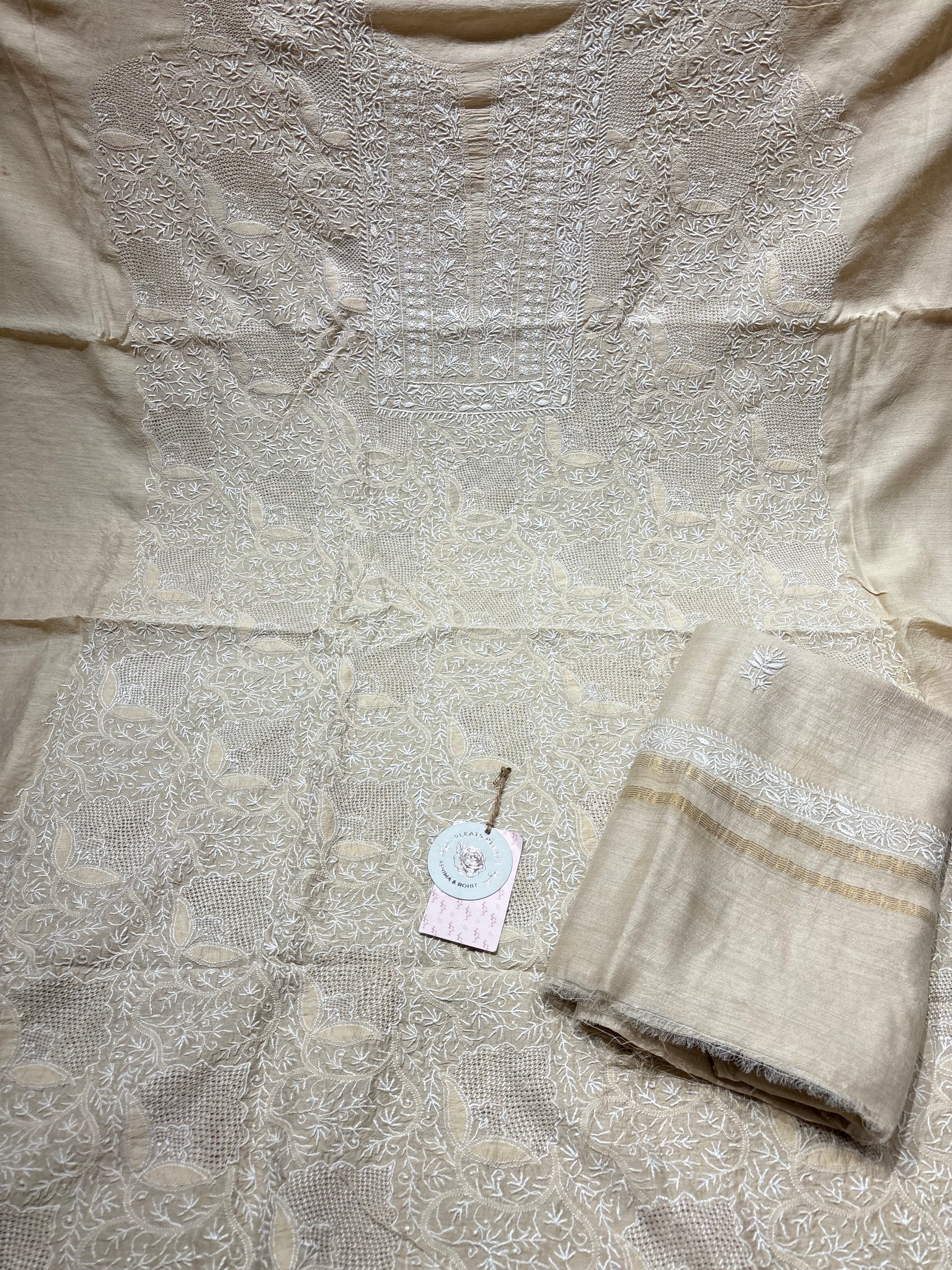 Dyeable Monga Silk Chikankari Kurta and Dupatta Set
