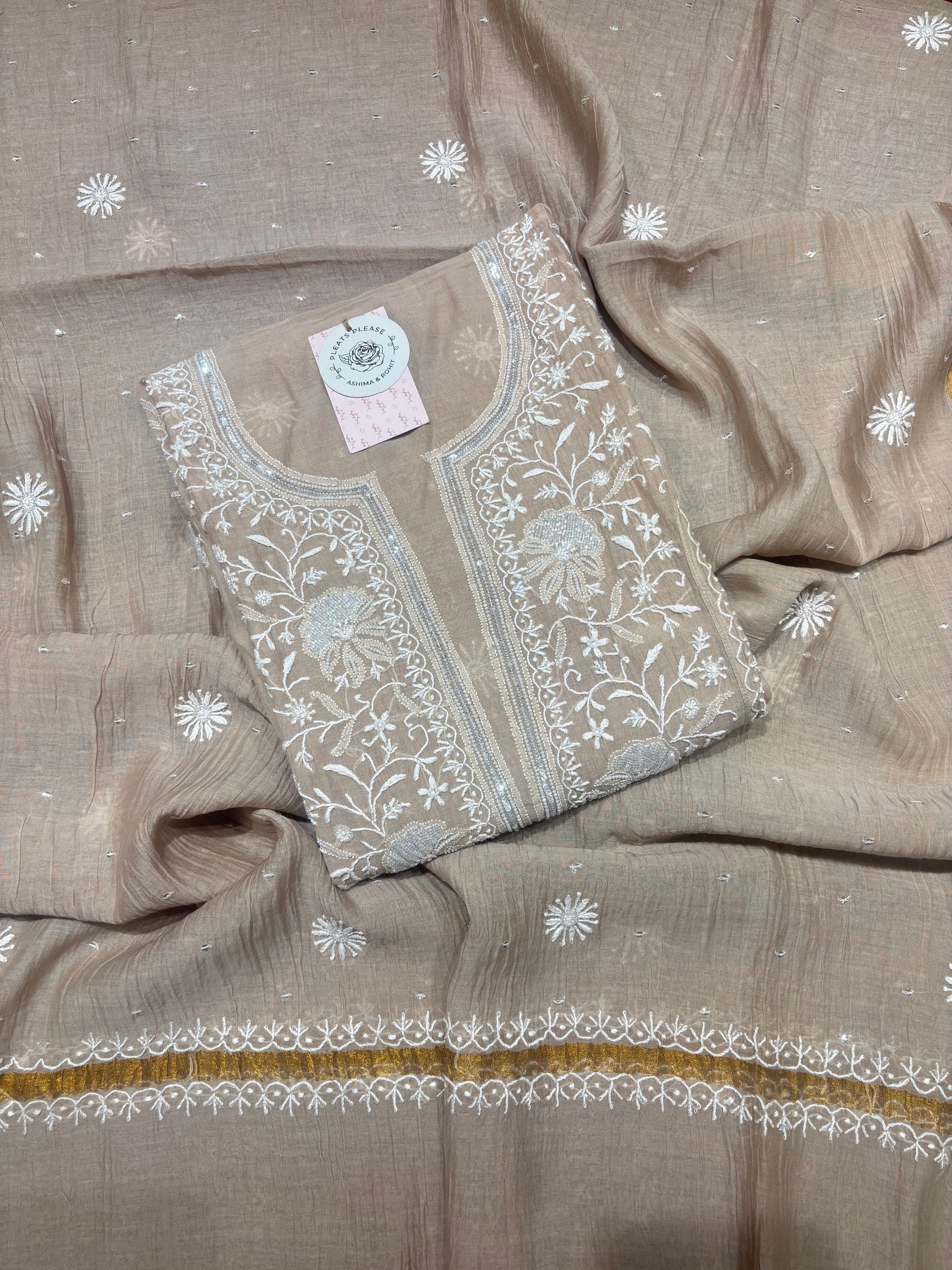 Sand Dune Chanderi Mul Chikankari Kurta & Dupatta Set
