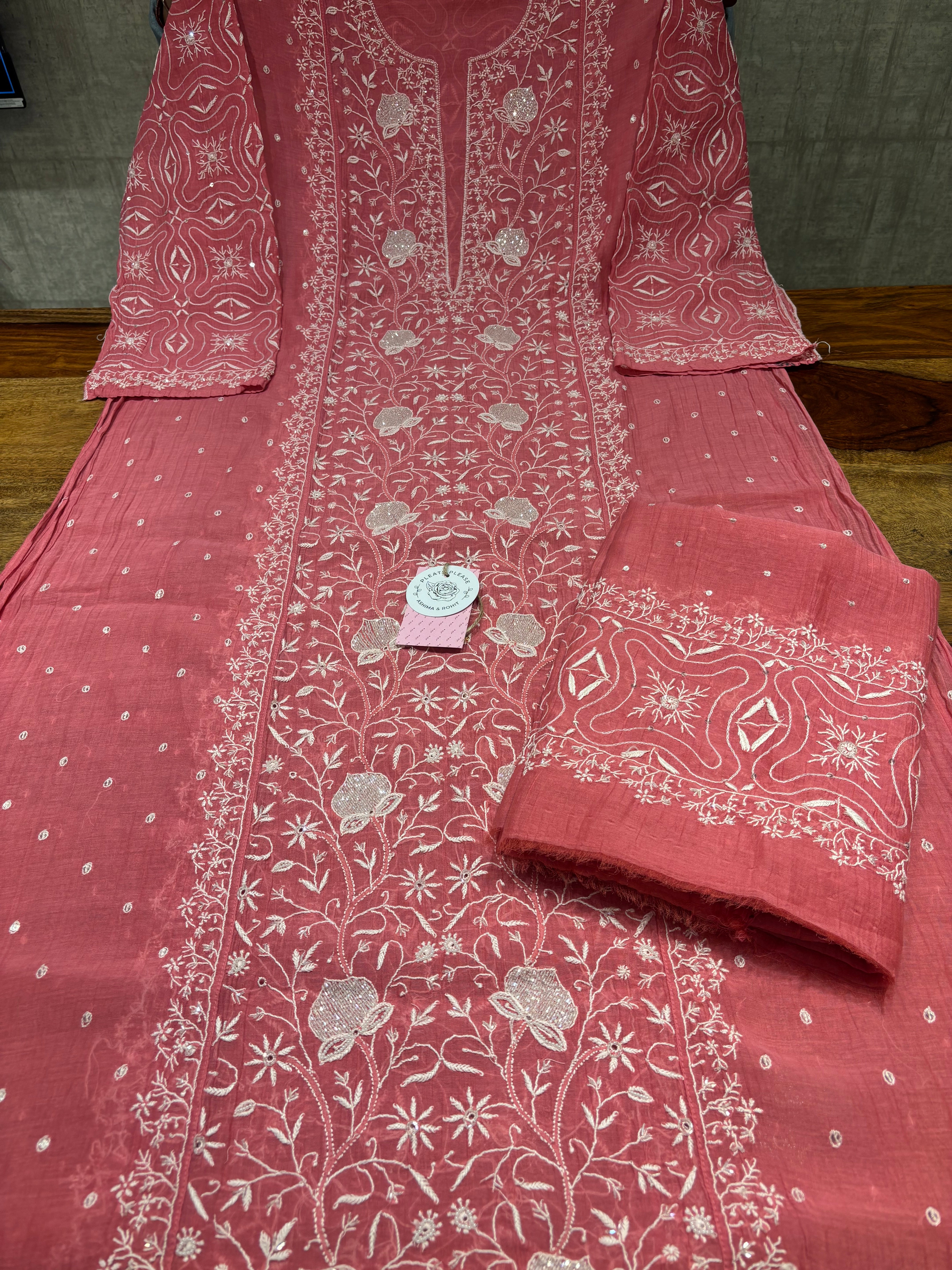 Coral Pink Chanderi Mul Chikankari Kurta & Dupatta Set