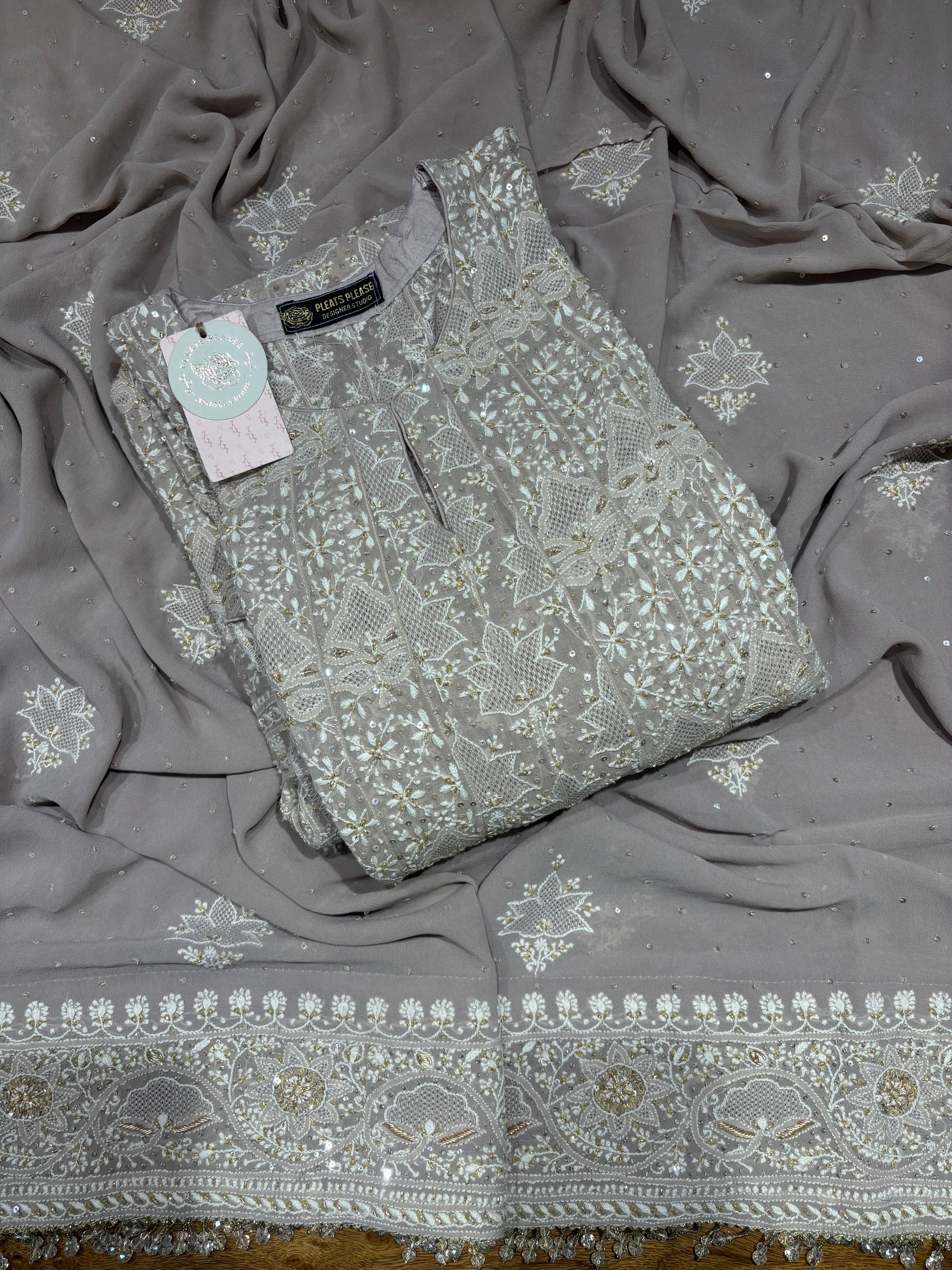 Lavender Gray Pure & Premium ek taar Georgette Chikankari Anarkali & Dupatta Set