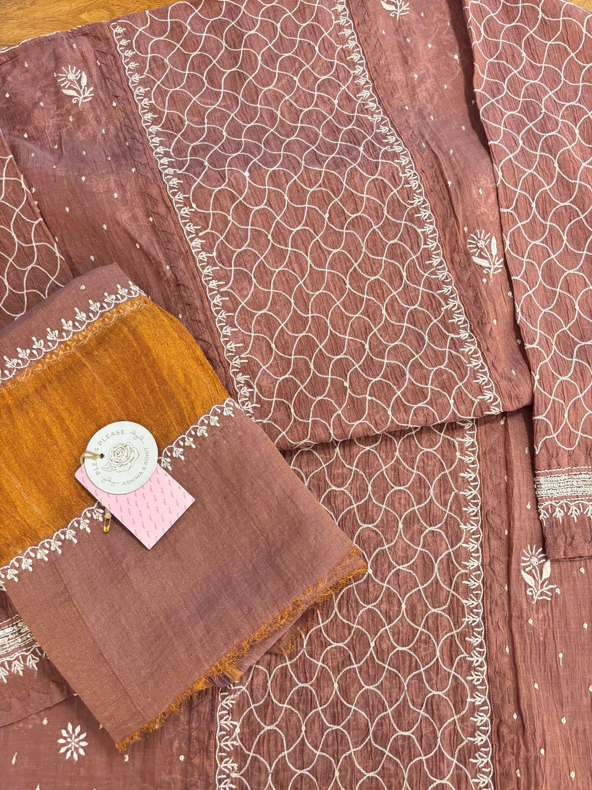 Mauve-Brown Tissue Chikankari Kurta & Dupatta