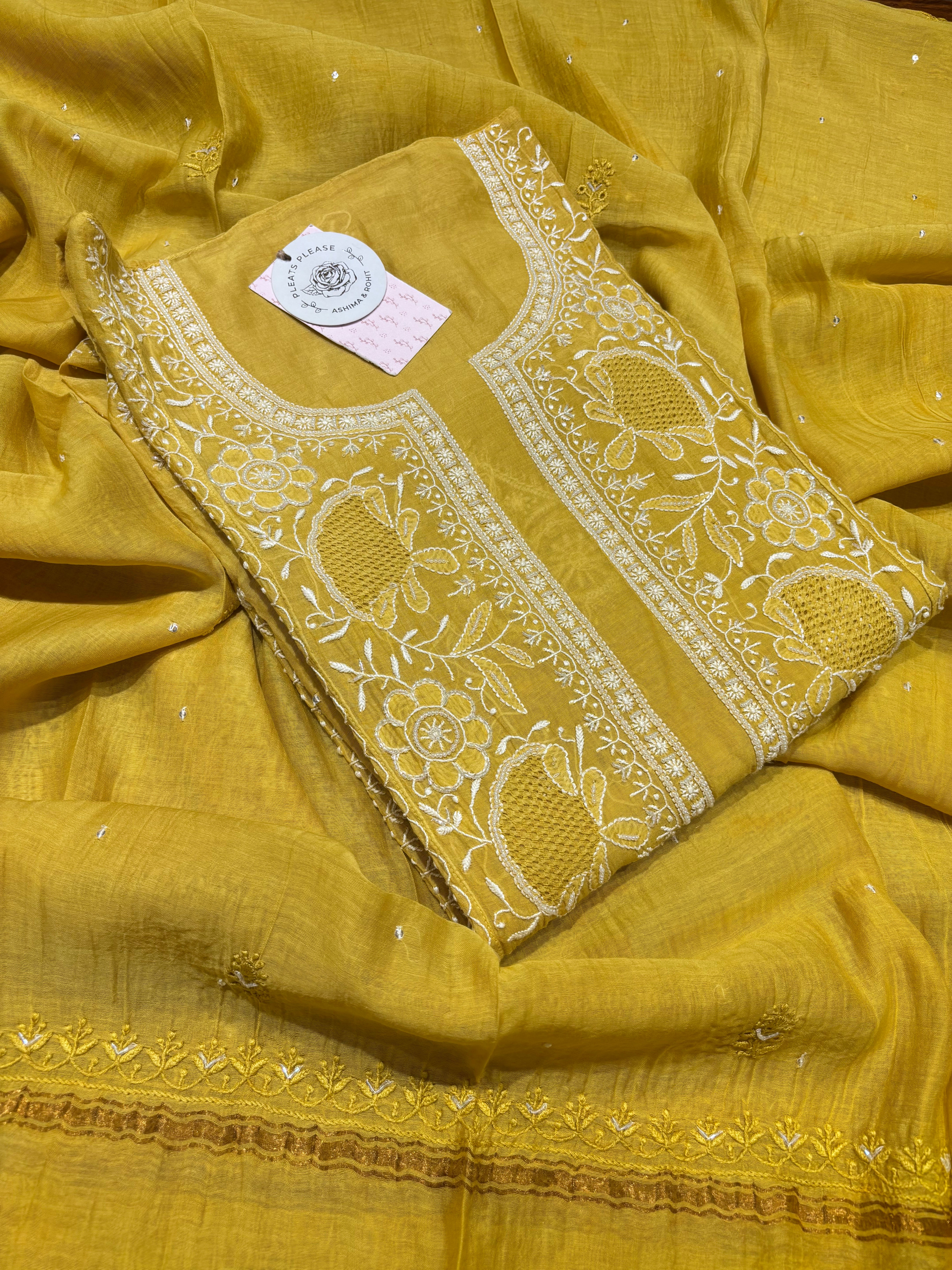 Mustard Chanderi Mul Chikankari Kurta and Dupatta Set