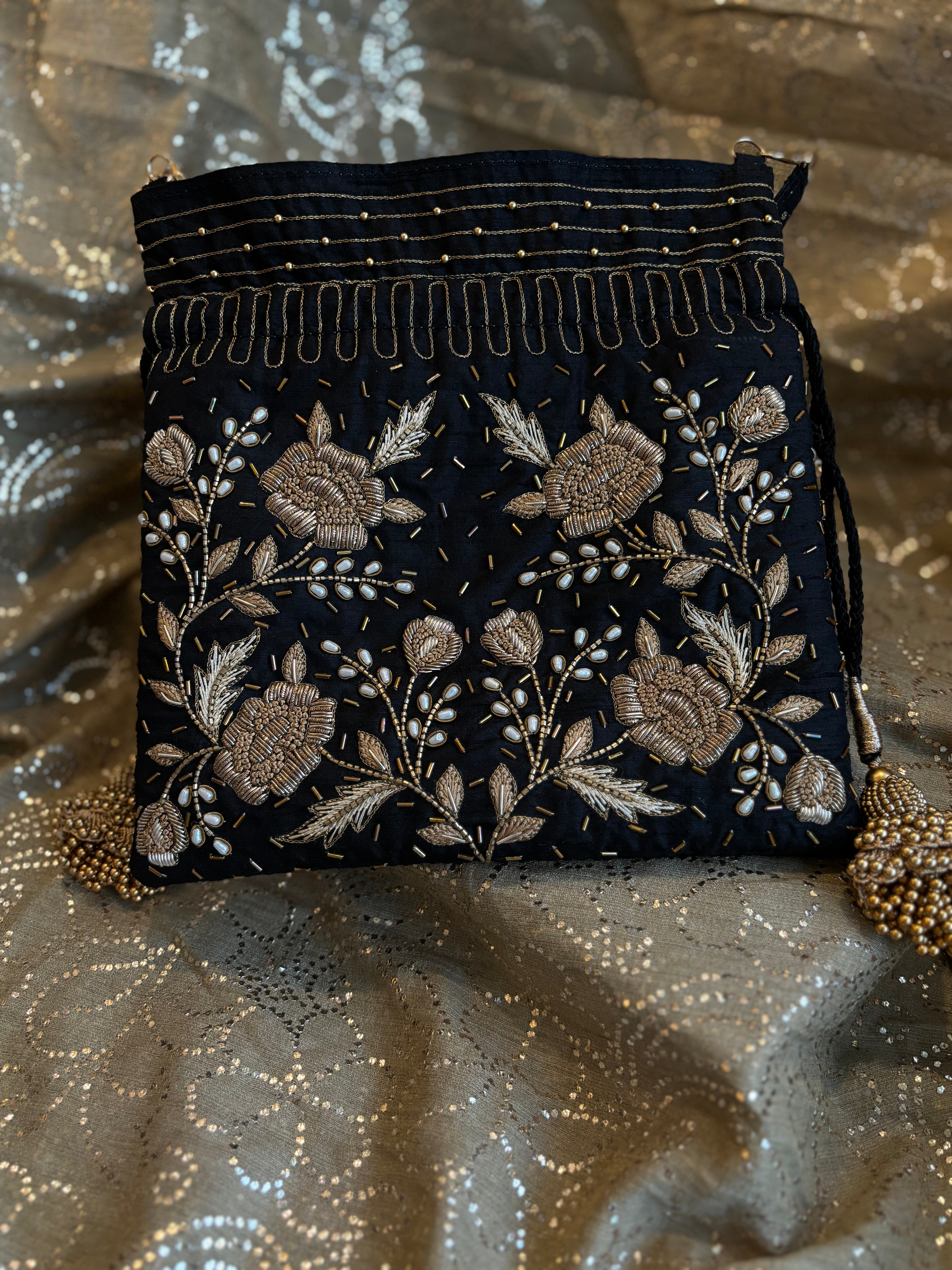 Black Zardozi Chikankari Potli
