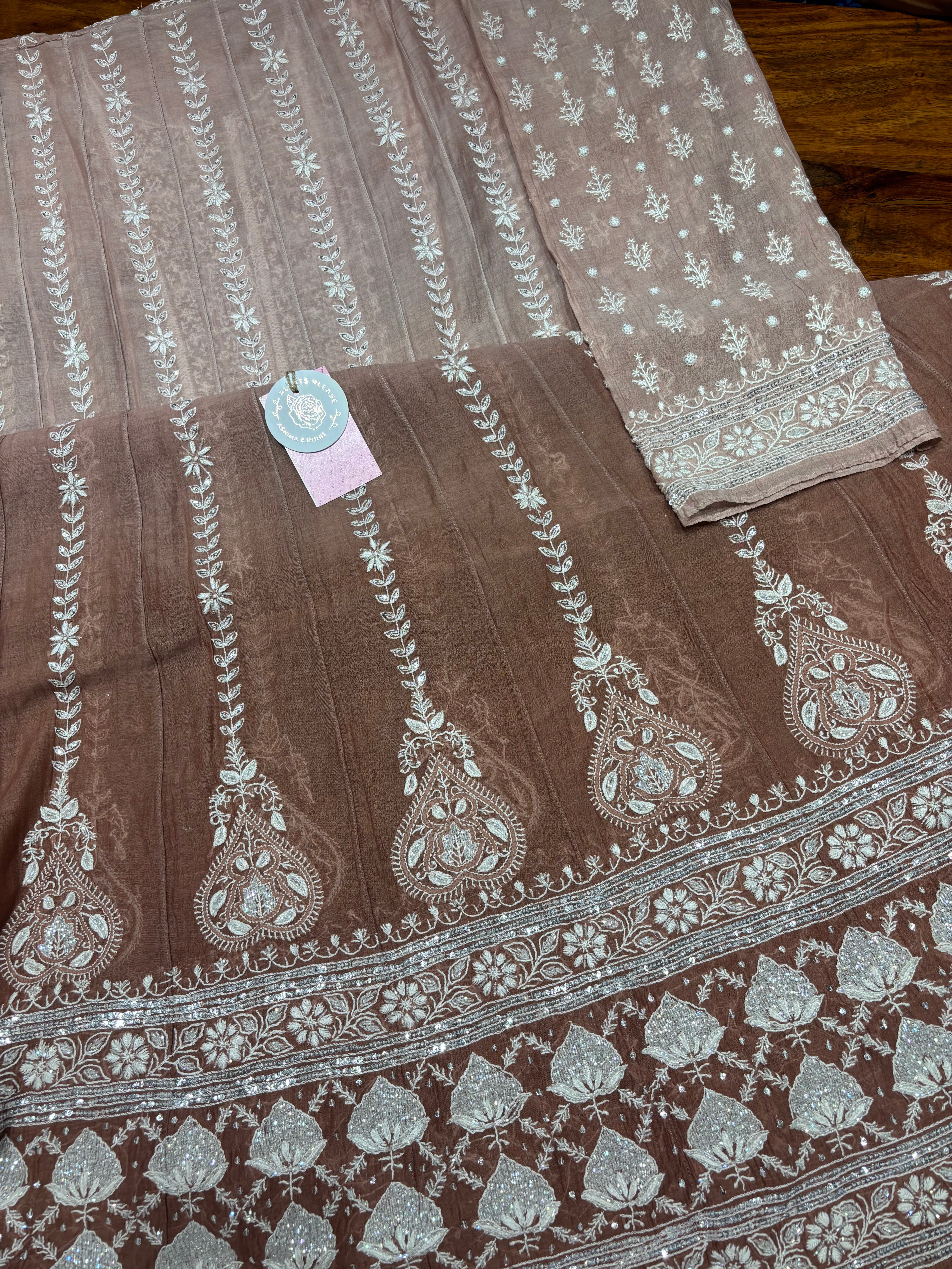 Rosewood Ombre Chanderi Mul Chikankari Anarkali & Dupatta Set