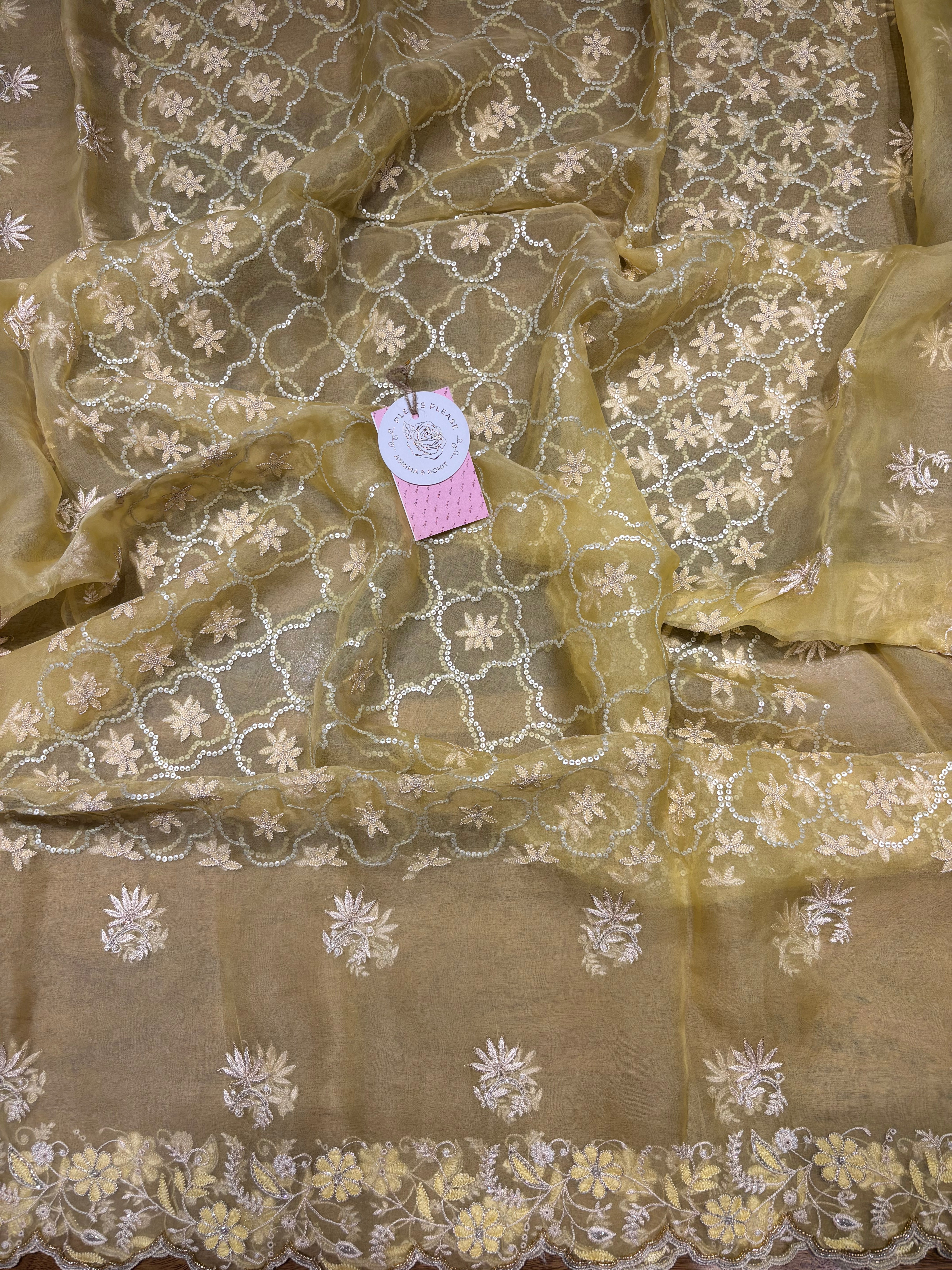Yellow Pure & Premium Organza Silk Chikankari Kurta & Dupatta Fabric