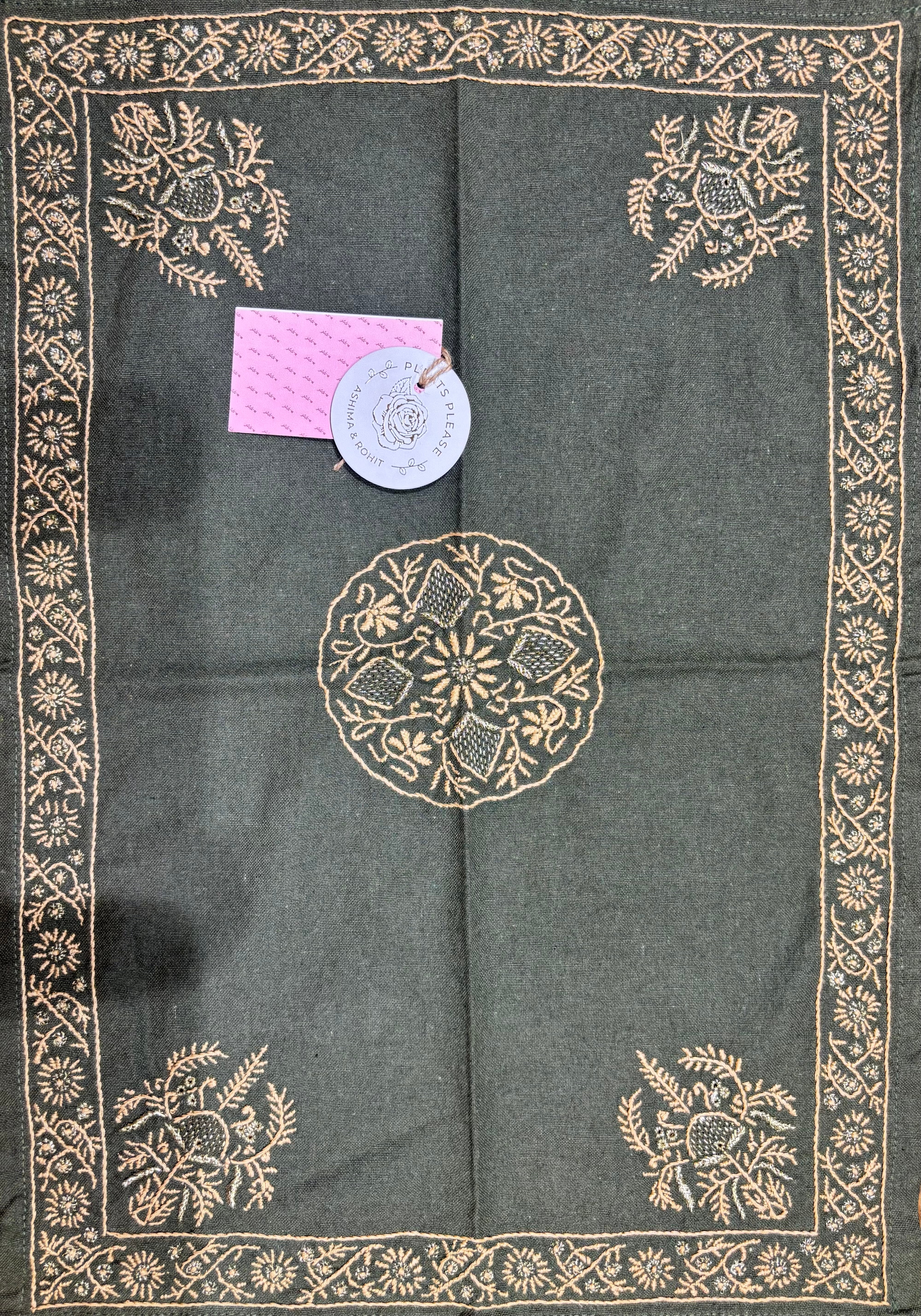 Olive Green Linen Cotton Chikankari Table Mat