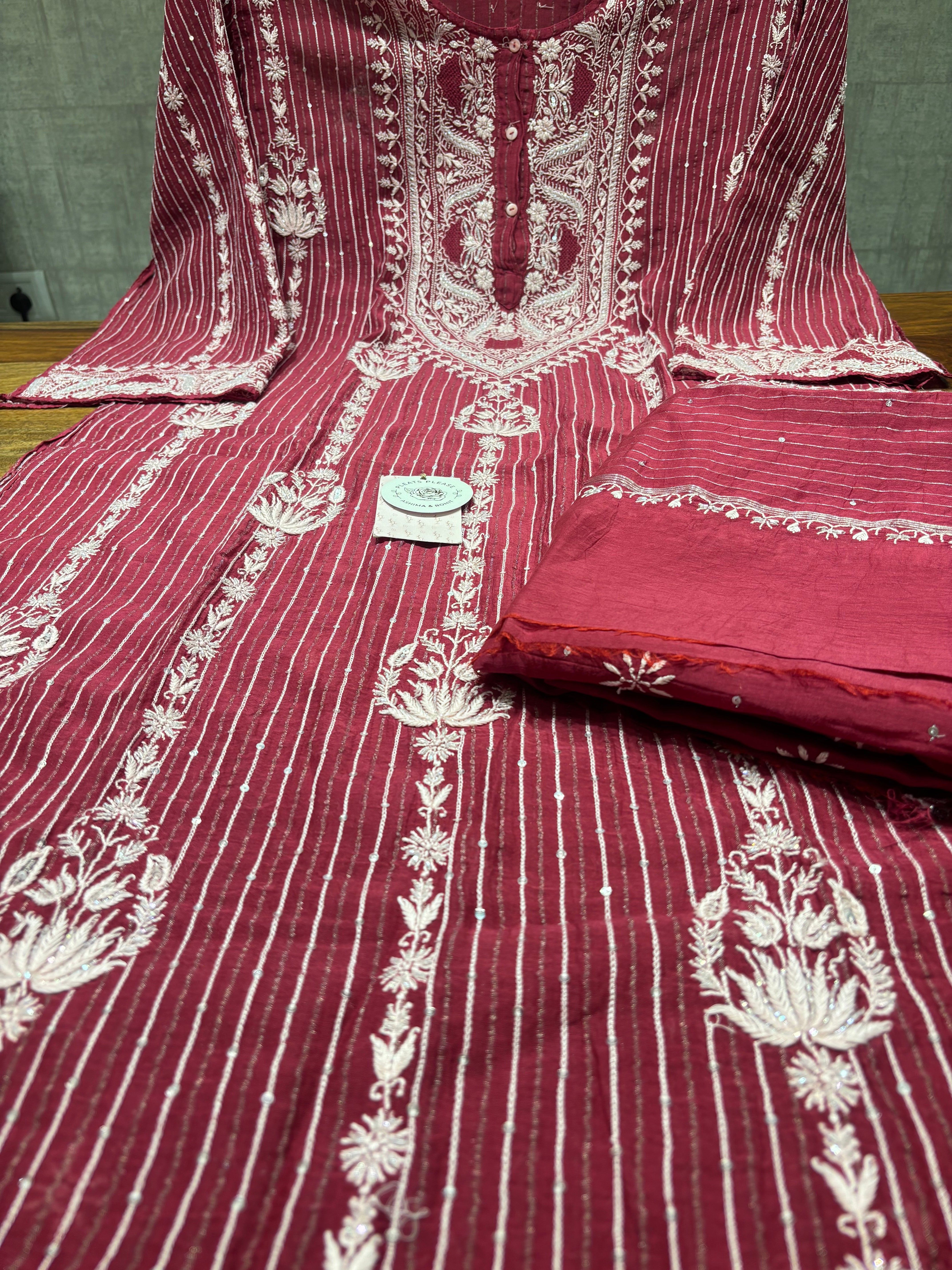 Beetroot Red Chanderi Mul Chikankari Kurta & Dupatta Set