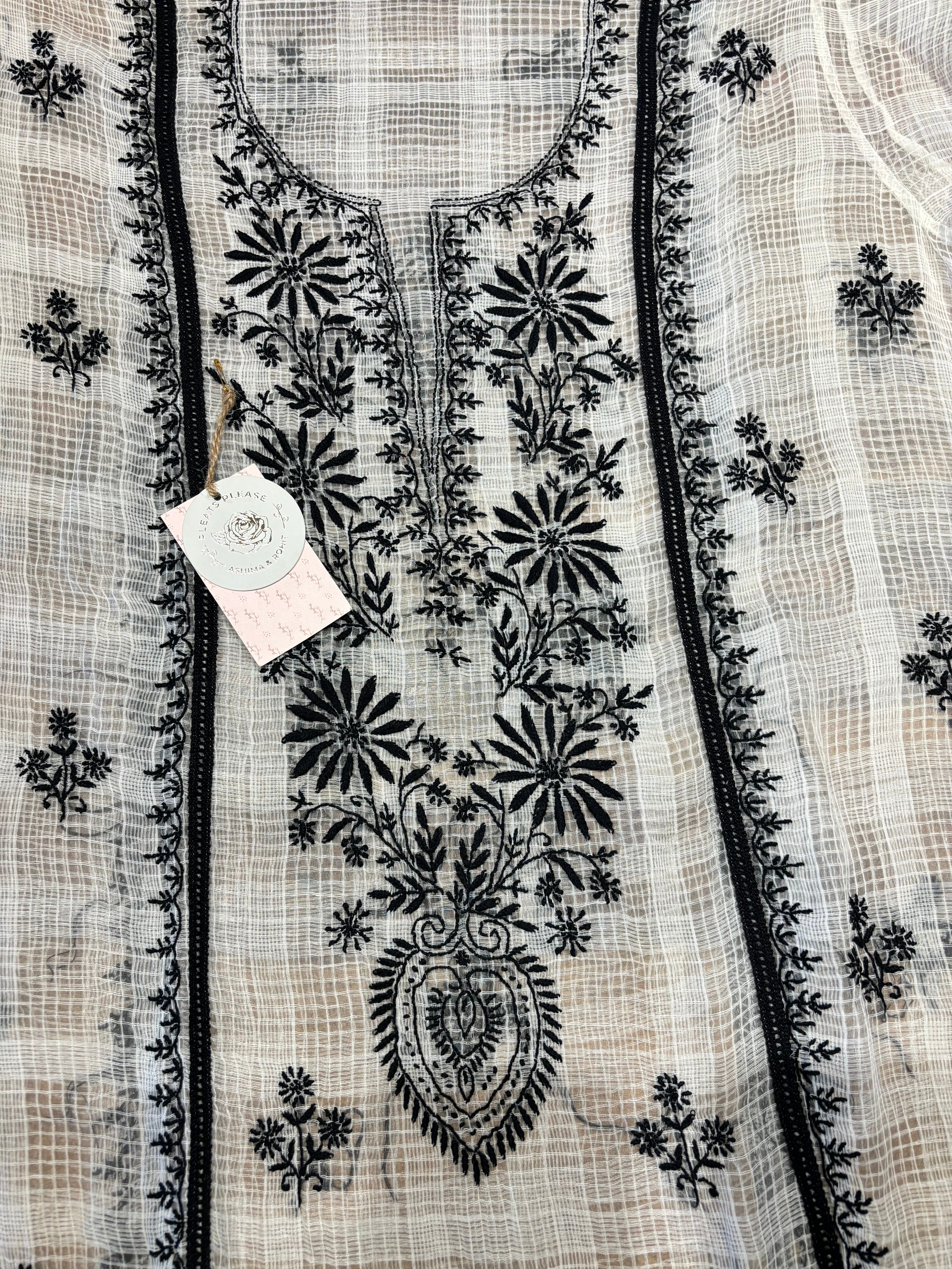 White And Black Kota Doria Chikankari Kurta And Dupatta Set