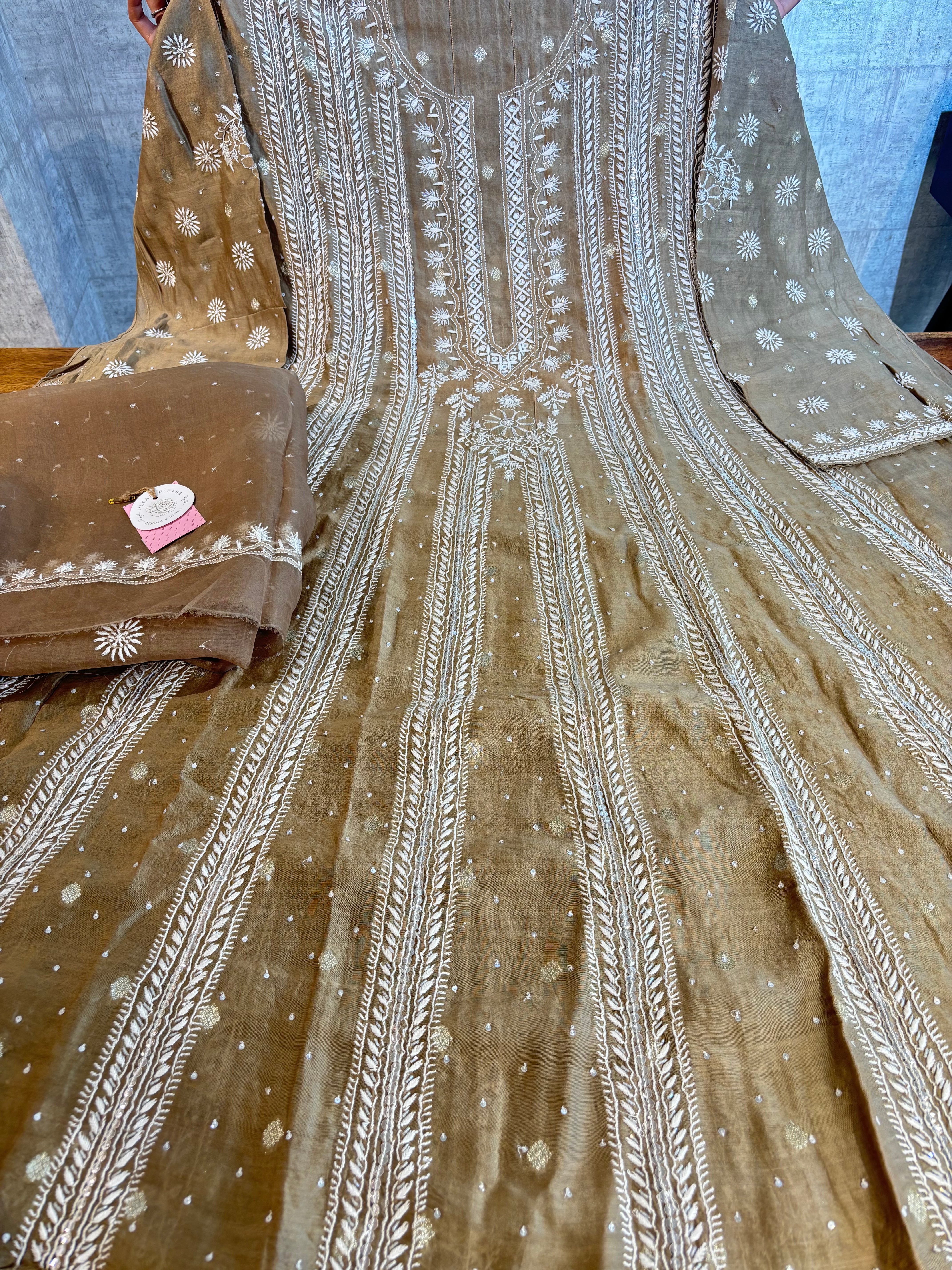 Brown Chanderi Chikankari Anarkali With Organza Dupatta