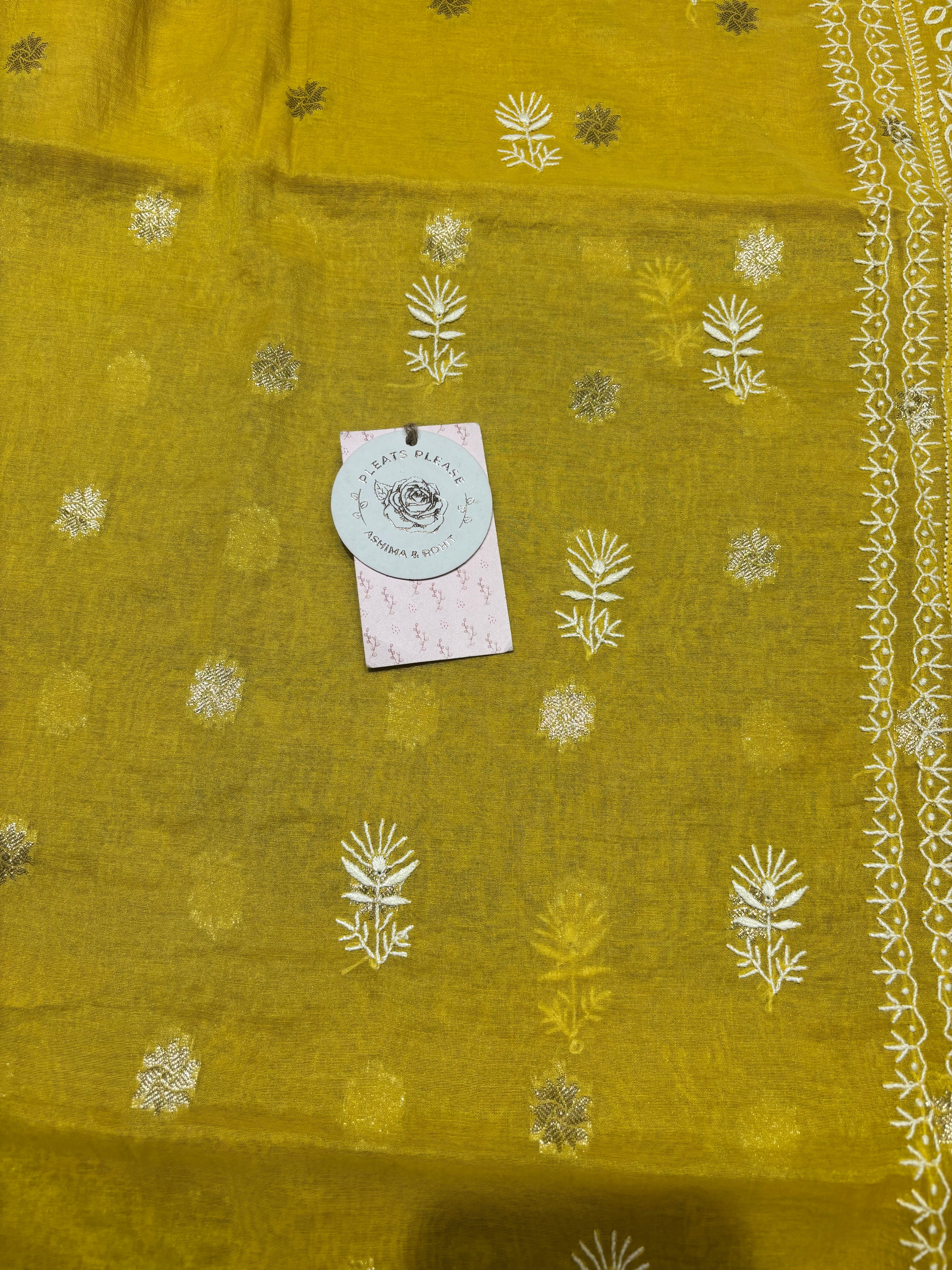 Yellow Chanderi Silk Chikankari Kurta & Dupatta Fabric