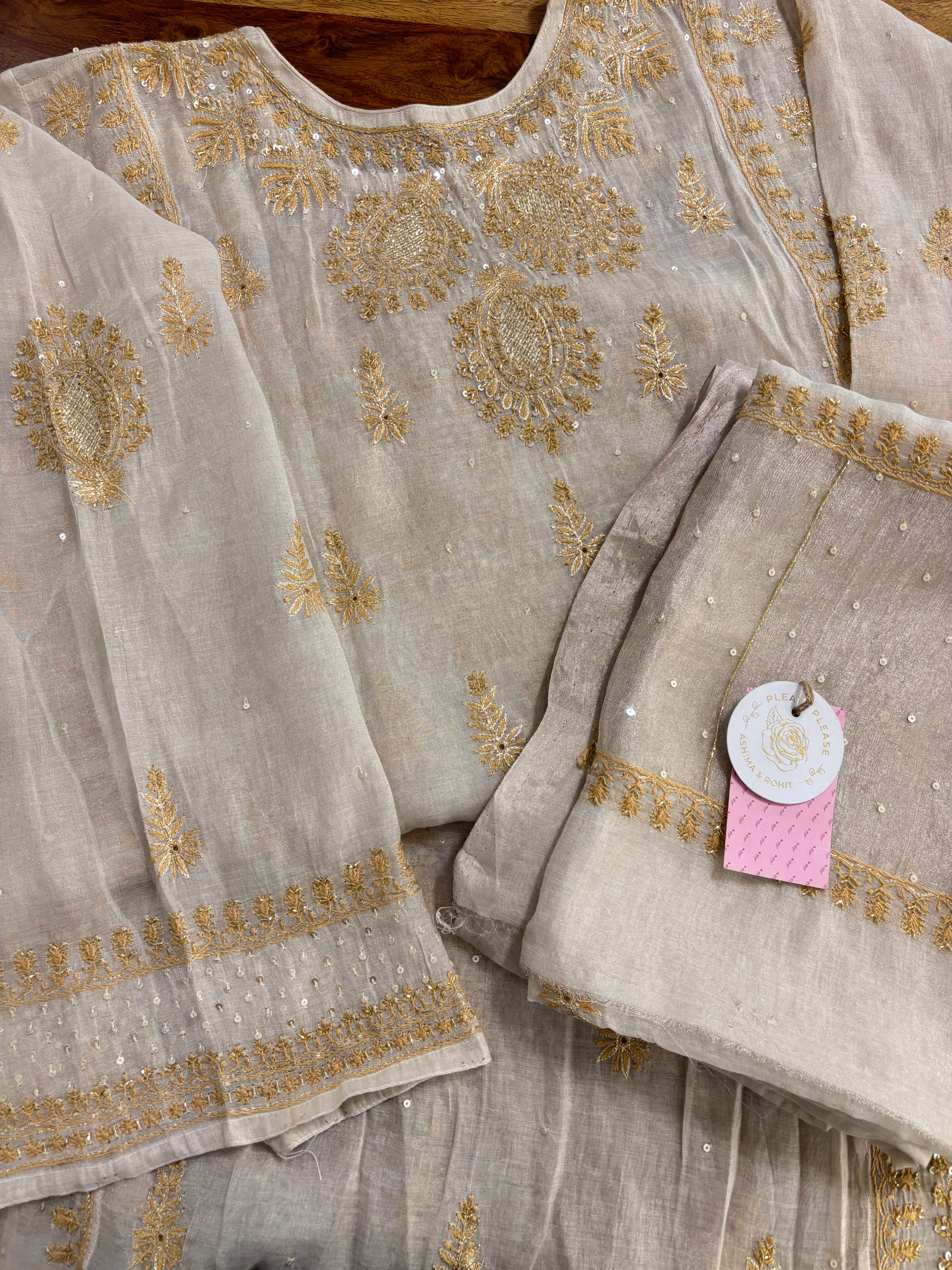 Dyeable Ivory Silver Pure & Premium Tissue Chikankari Kurta & Dupatta