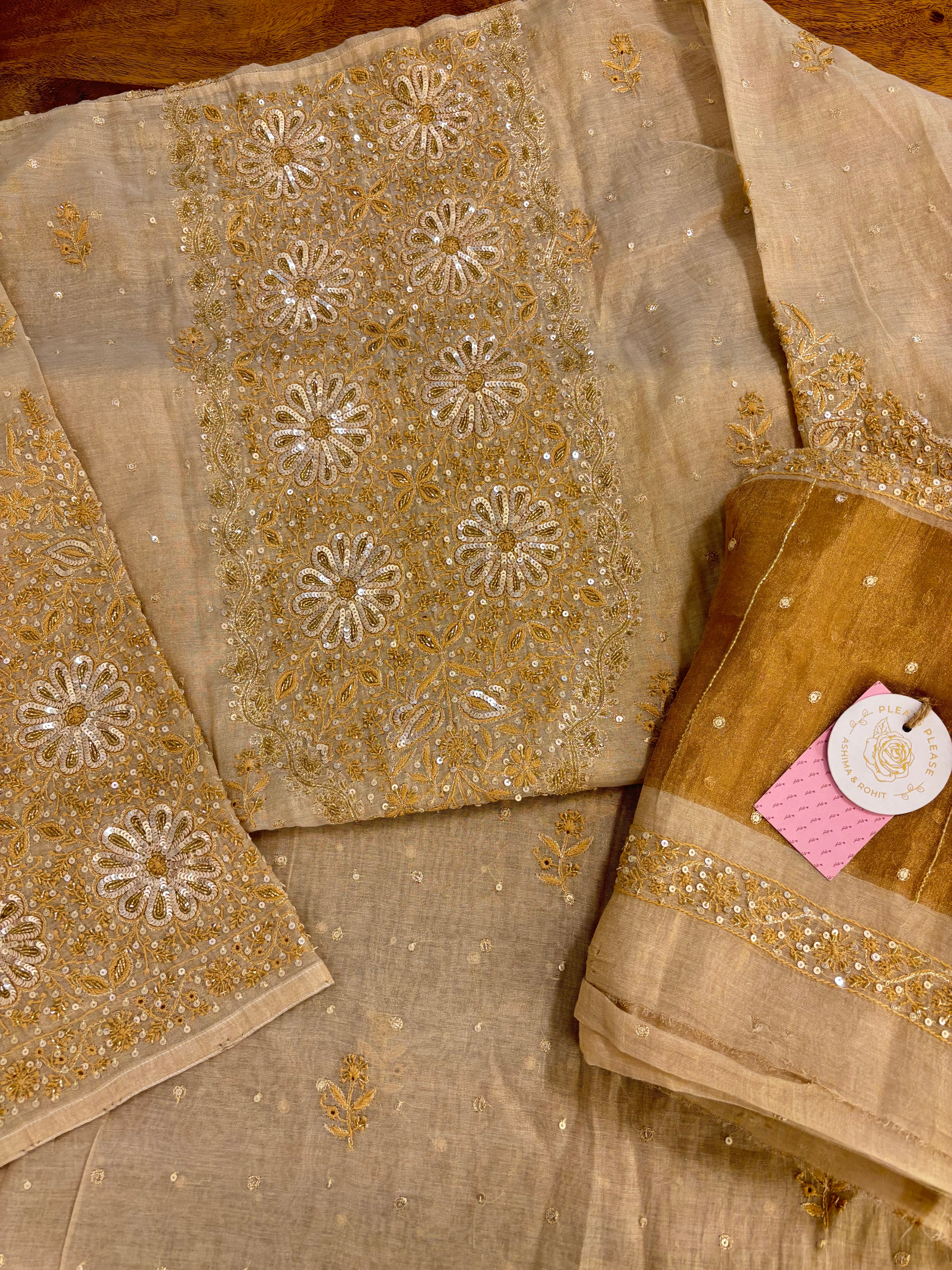 Dyeable Pure & Premium Tissue Heavy Neckline Chikankari Kurta & Dupatta