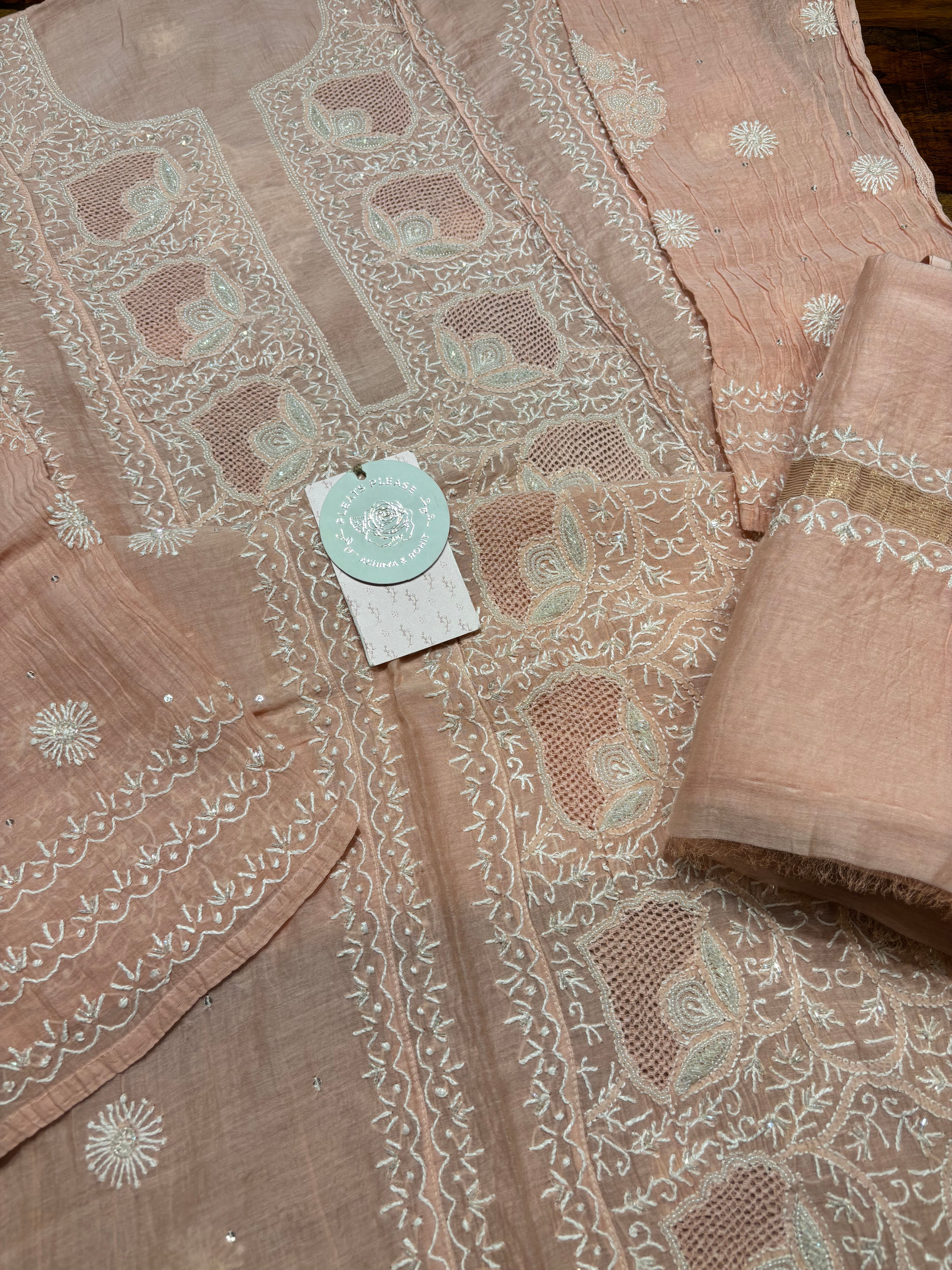 Peach Chanderi Mul Chikankari Kurta and Dupatta Set