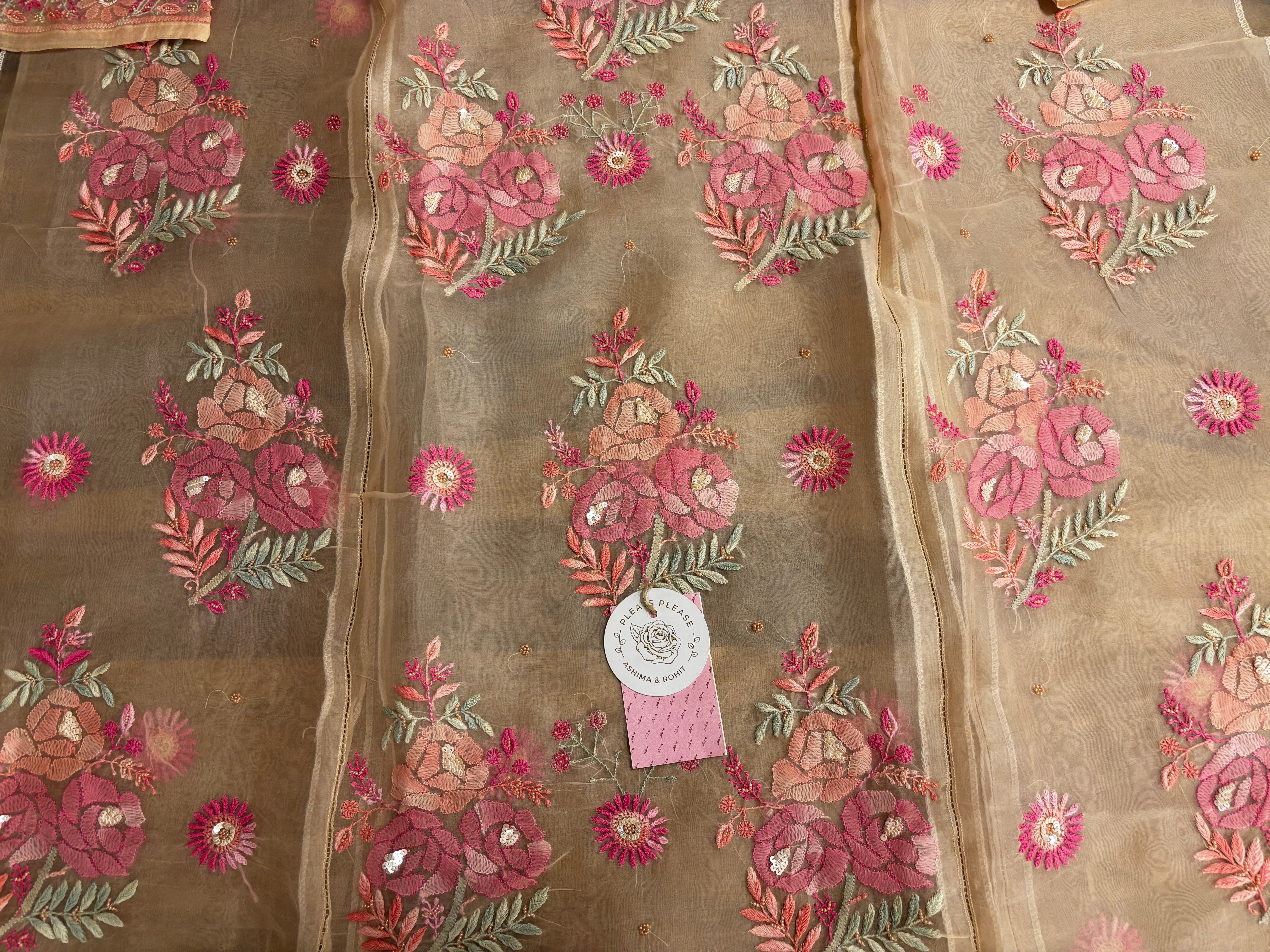 Pastle Peach Pure Organza Chikankari Kurta & Dupatta - Pleats PleaseChikankari