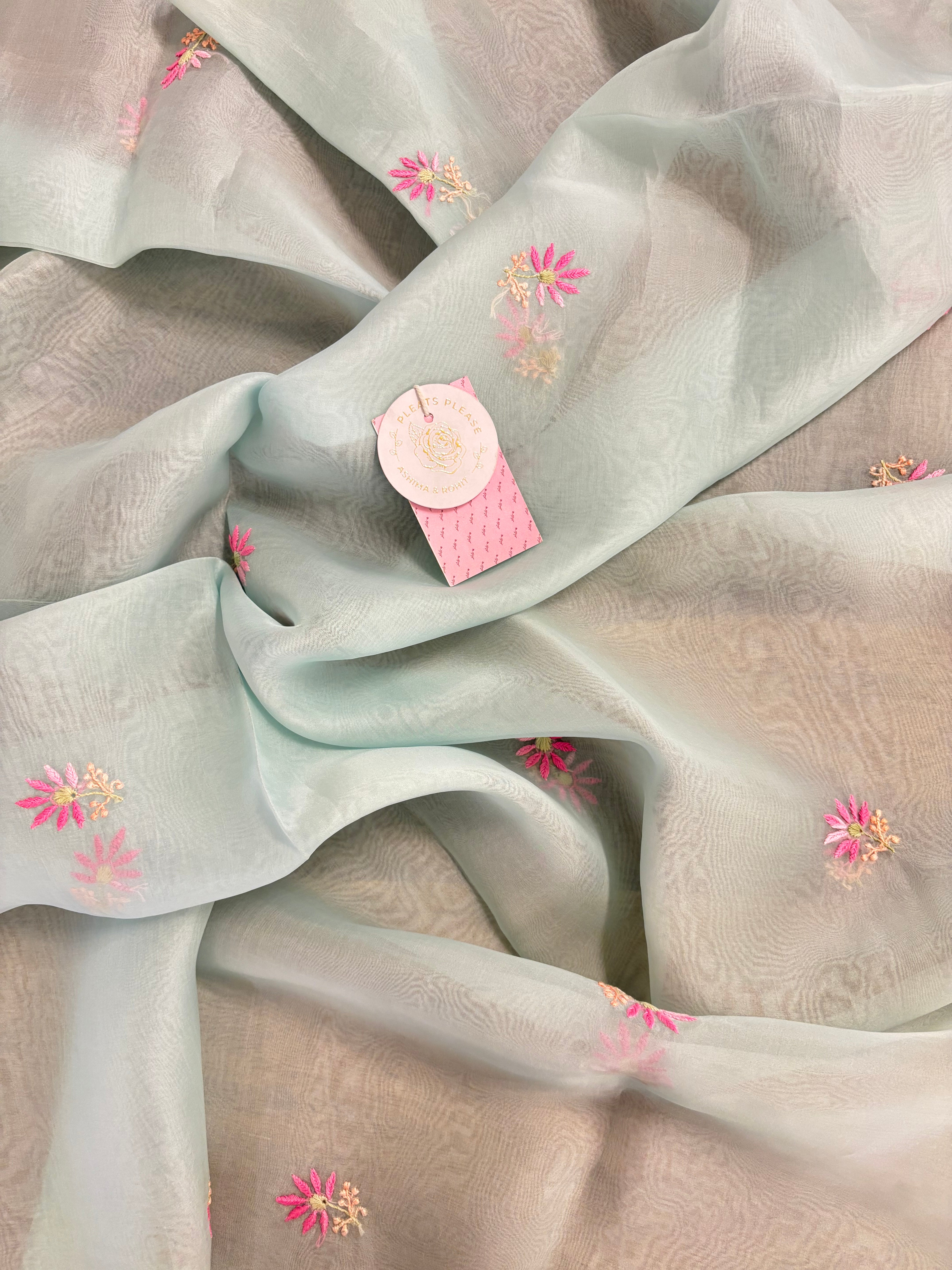 Sea Foam Green Organza Chikankari Kurta & Dupatta - Pleats PleaseChikankari