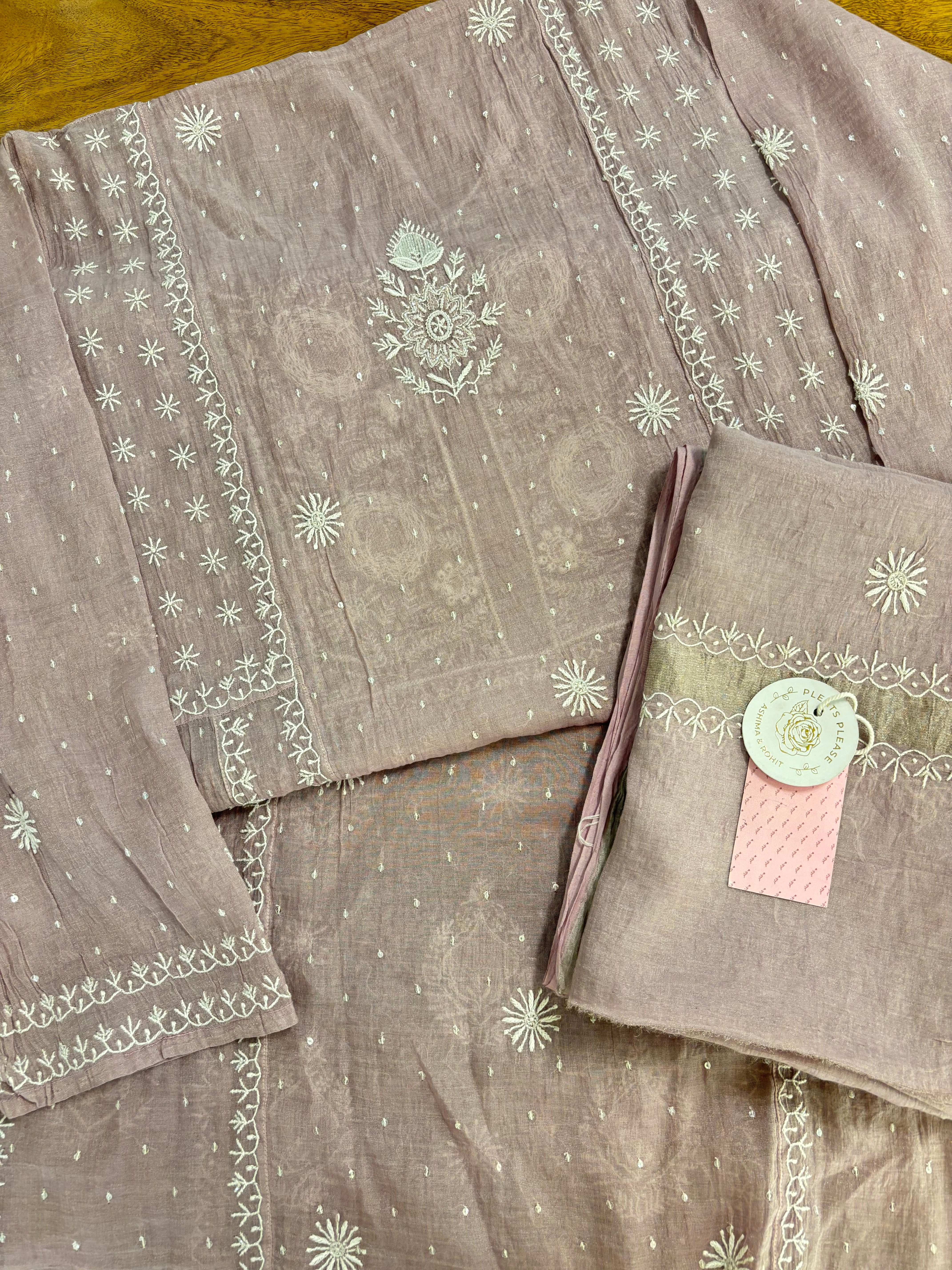Mauve Pink Pure Tissue Chikankari Anarkali & Dupatta Set