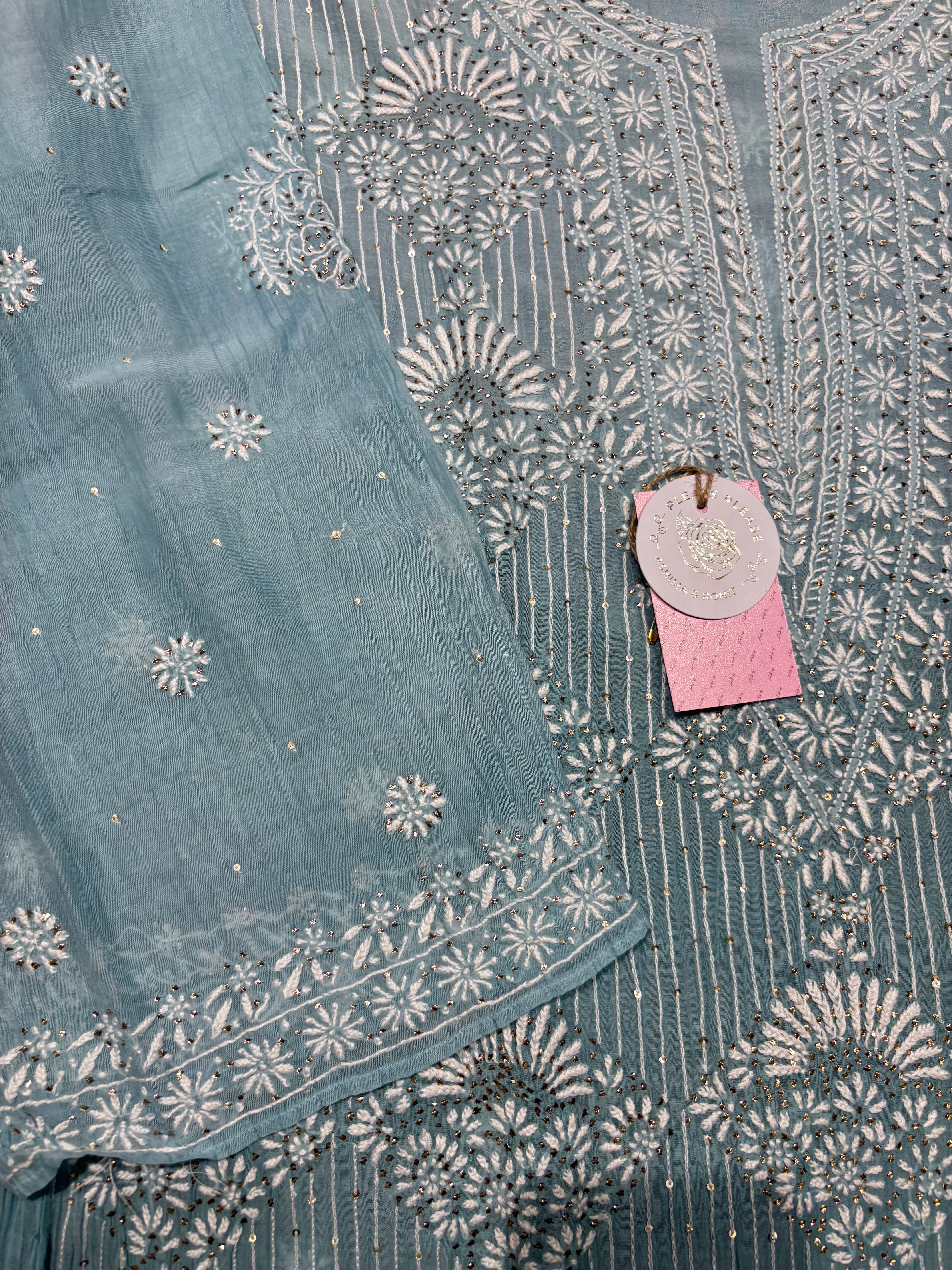 Sea foam Ombre Chanderi Mul Chikankari & Mukaish Kurta and Dupatta Set