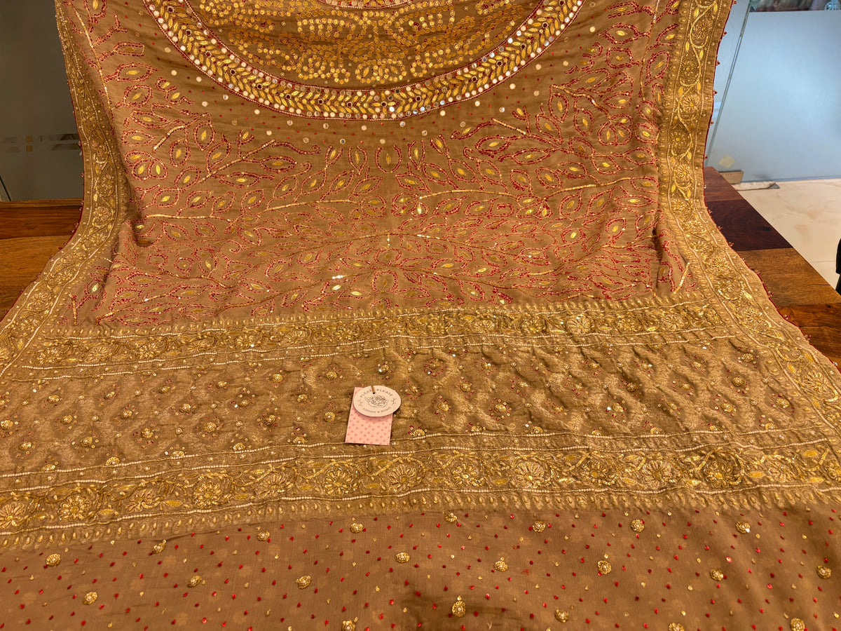 Muddy Gold Pure Georgette Bandhej Centre Boota Zardozi Dupatta