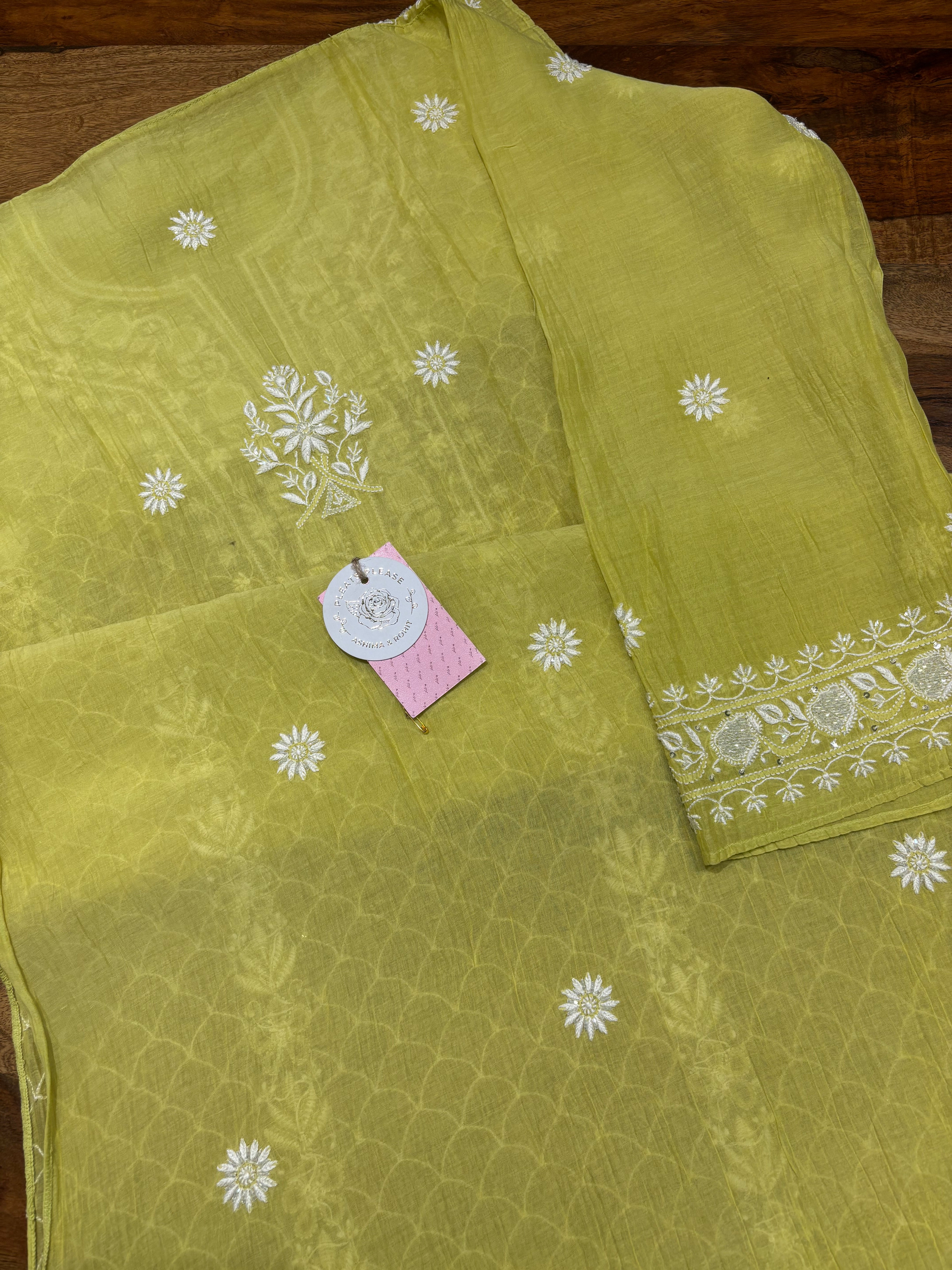Neon Green Chanderi Mul Chikankari Kurta & Dupatta Set
